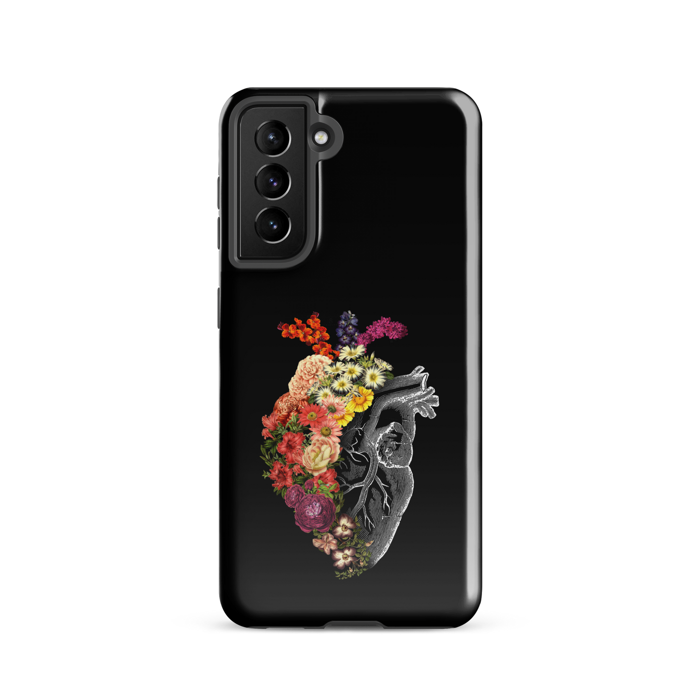 The design is an intricate and anatomical drawing of a human heart on a black background. The left side of the heart morphs into a vibrant assortment of colorful flowers, including roses, daisies, and other blooming blossoms, creating a striking contrast between the realistic and the surreal, symbolizing the harmony between nature and humanity.