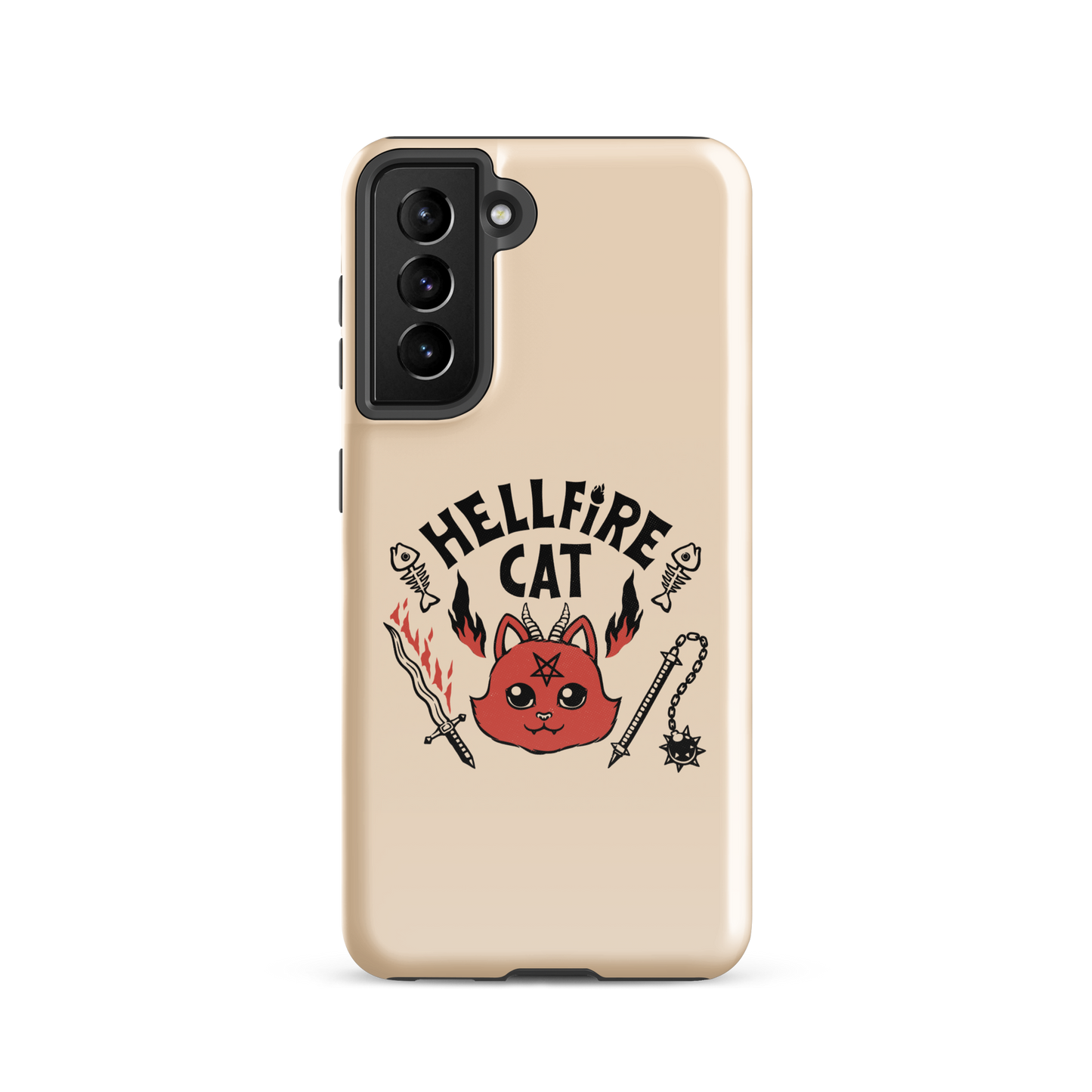 Vintage-style illustration of a cute red devil cat with small horns and a pentagram on its forehead, surrounded by flames, weapons, fish skeletons, and the bold phrase “Hellfire Cat” in a playful gothic design.