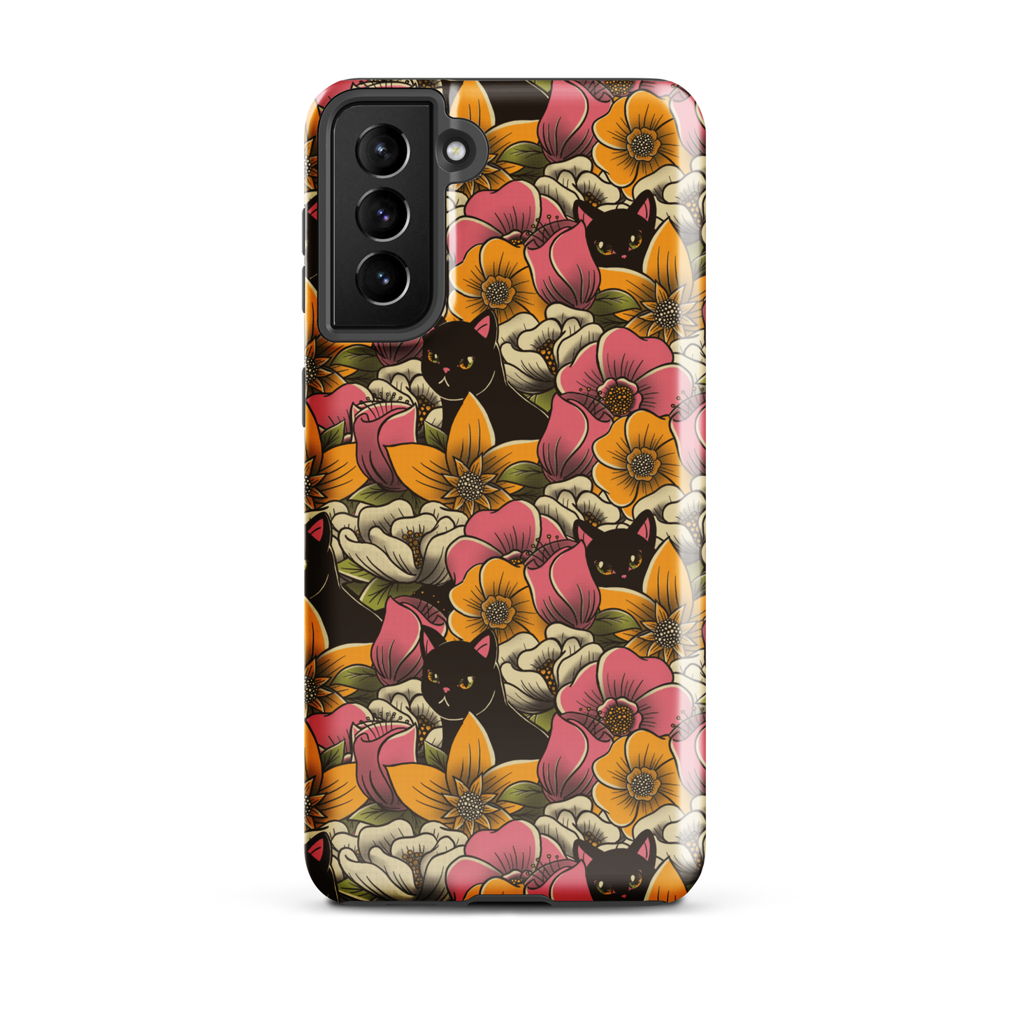 The image features a repeating pattern of colorful flowers in pink, yellow, and cream hues with lush green foliage. Interspersed among the flowers are playful black cats with bright eyes. The design has a whimsical and vibrant feel, ideal for various products like t-shirts, stickers, coffee cups, and skateboards. The style is reminiscent of traditional floral art blended with playful elements of animal decor.