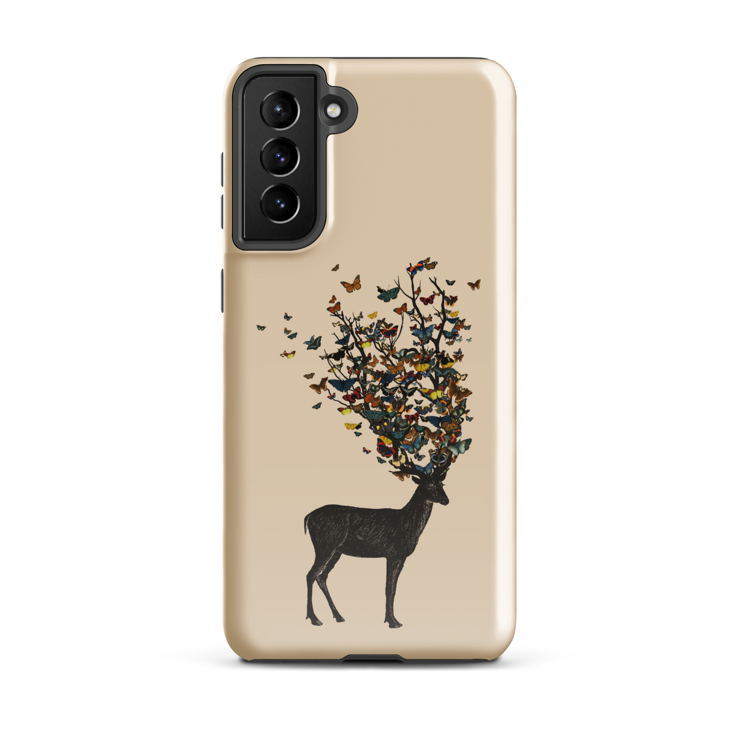 The image depicts a dark, silhouetted deer standing on a neutral background. Instead of branches, its antlers transform into a swirling cloud of vibrant, colorful butterflies that extend upwards and outward. The mix of organic and ethereal elements creates a captivating and whimsical visual contrast.