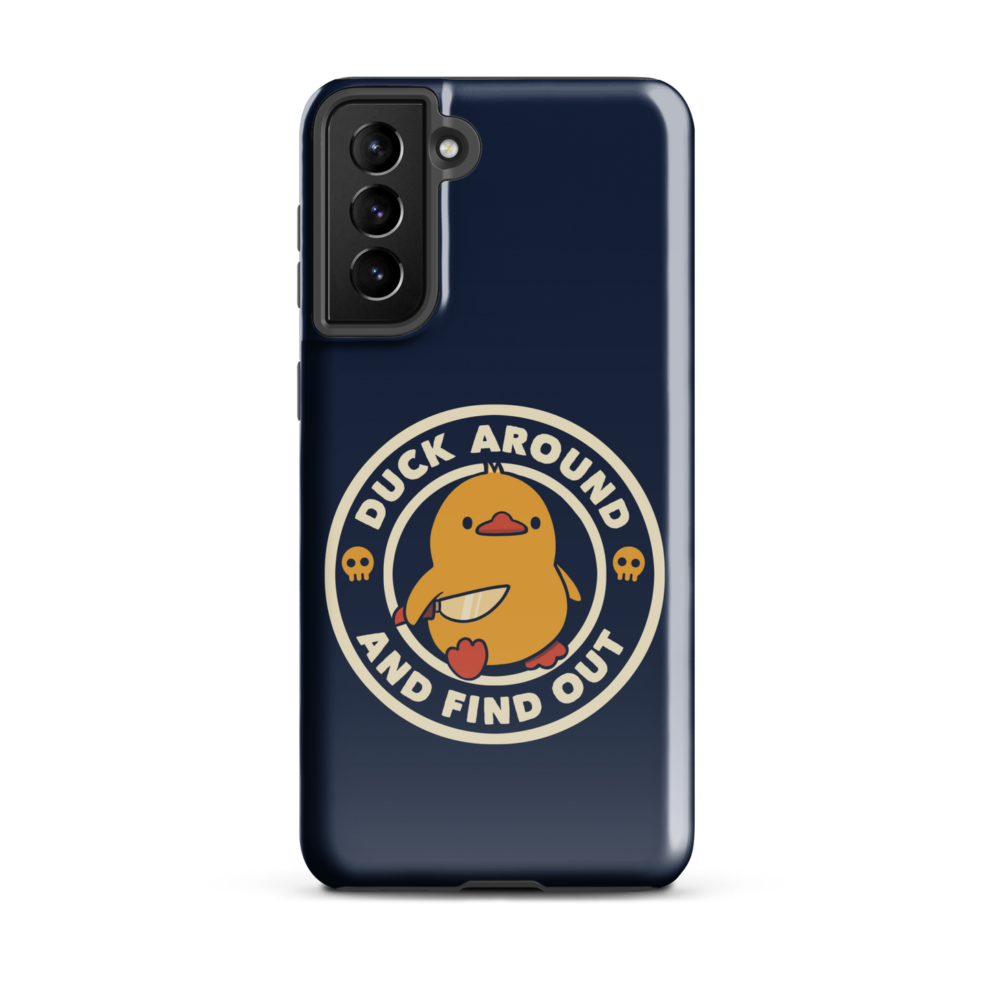 A cute yellow duck holding a small knife, around it the text "Duck Around And Find Out". An art that mixes humor with the temperament of ducks.