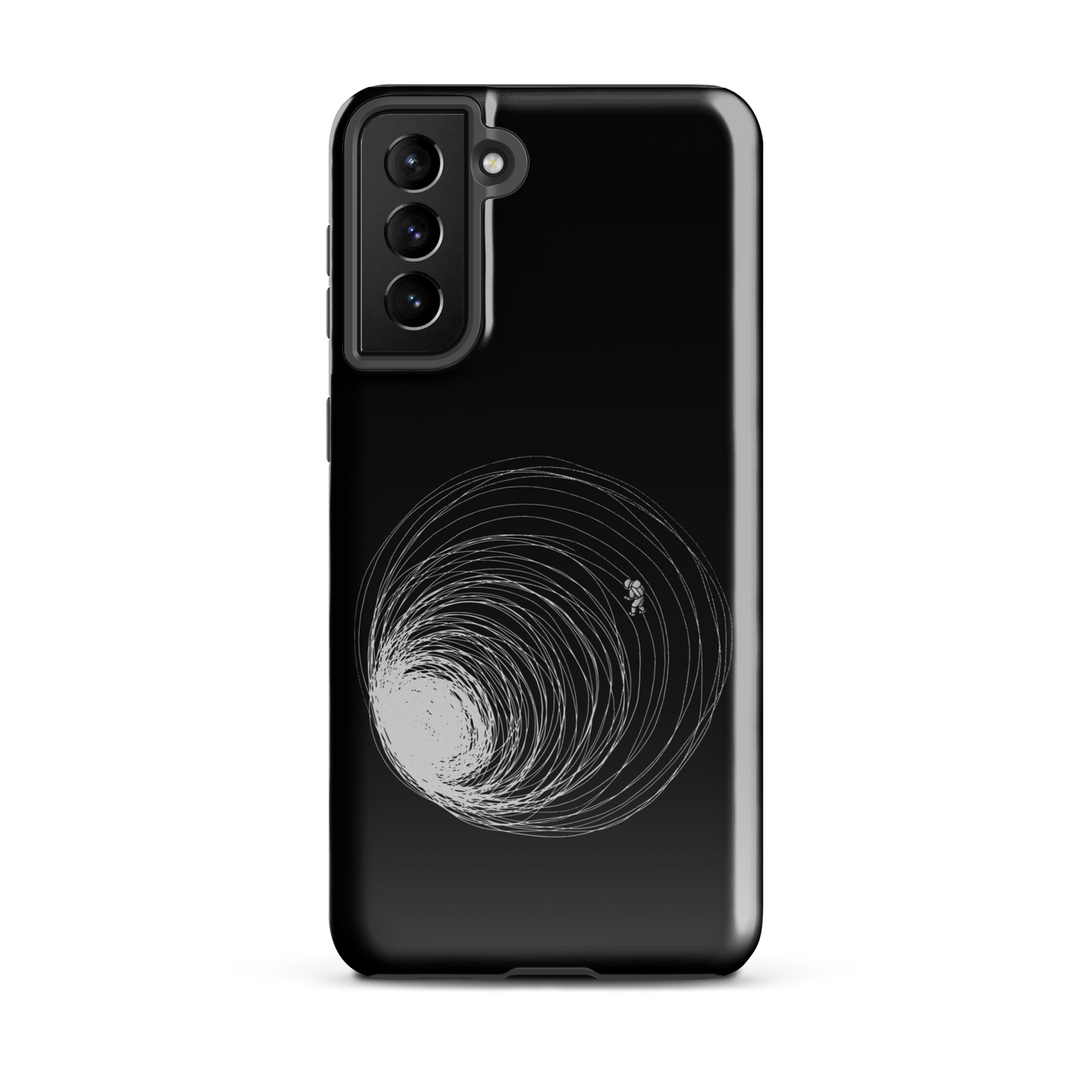 A big black hole with an astronaut floating around as if being sucked into it. A minimalist art perfect for those who love space.