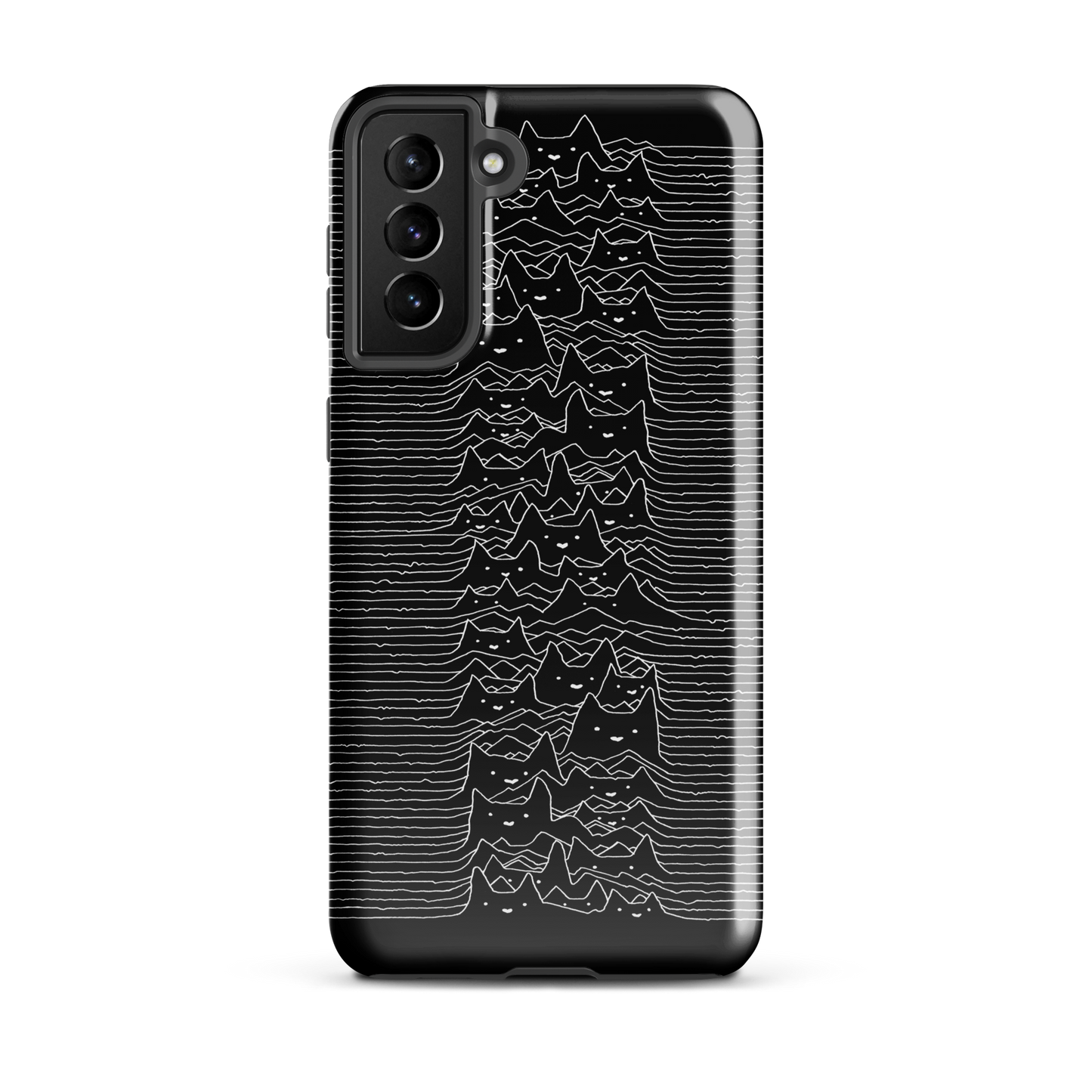 The drawing is a series of continuous wavy lines forming a pattern reminiscent of sound waves or topographic maps, but with an unexpected twist: the lines create the shapes of numerous cat faces stacked vertically. Each cat has simple, expressive features with pointed ears, adding a whimsical element to the otherwise structured pattern.