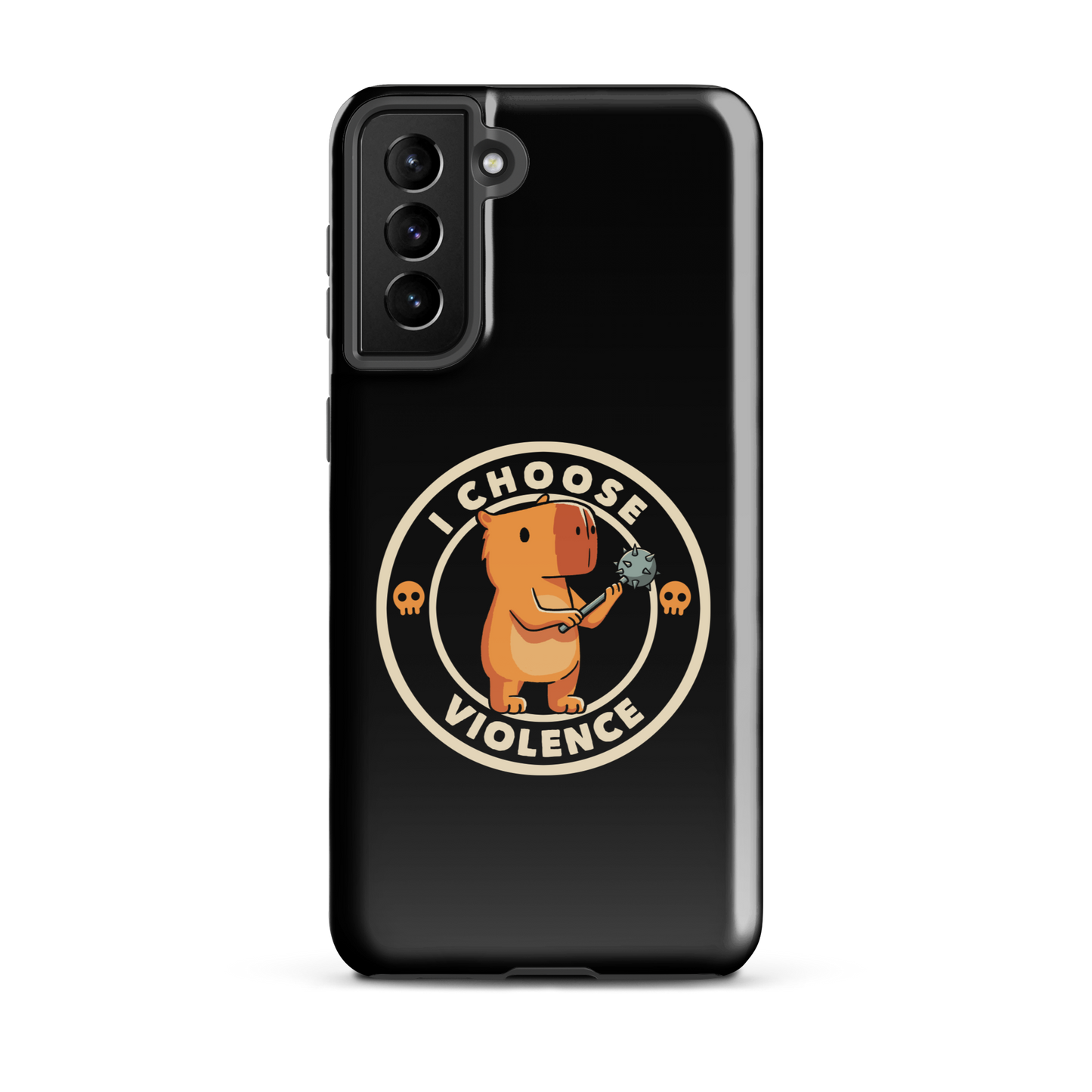 A cute, cartoonish burnt yellow capybara stands holding a spiked mace with a determined expression. Surrounding it is a circular design with the text 'I CHOOSE VIOLENCE' and two small skulls on either side, giving it a humorous yet ironic tone.