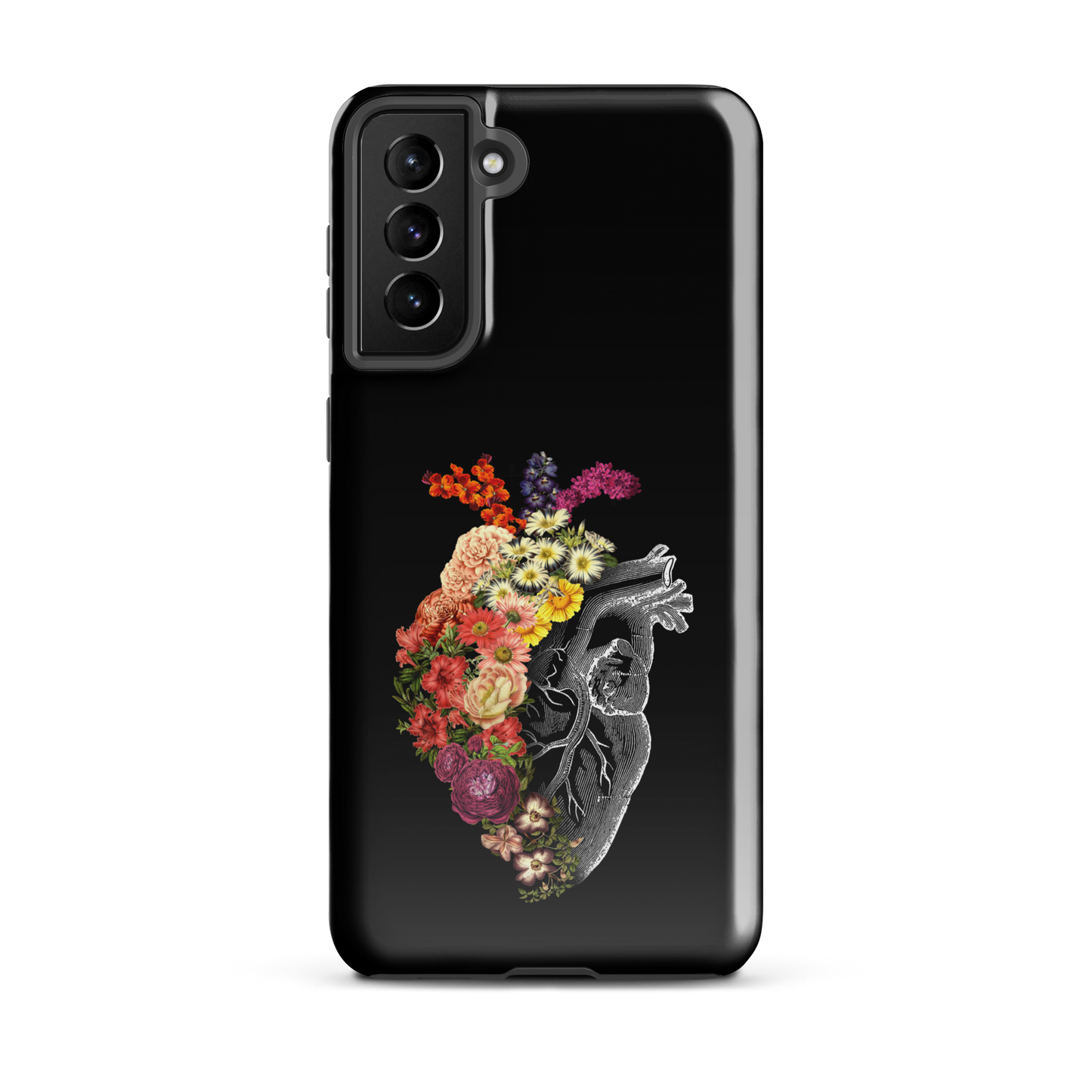 The design is an intricate and anatomical drawing of a human heart on a black background. The left side of the heart morphs into a vibrant assortment of colorful flowers, including roses, daisies, and other blooming blossoms, creating a striking contrast between the realistic and the surreal, symbolizing the harmony between nature and humanity.