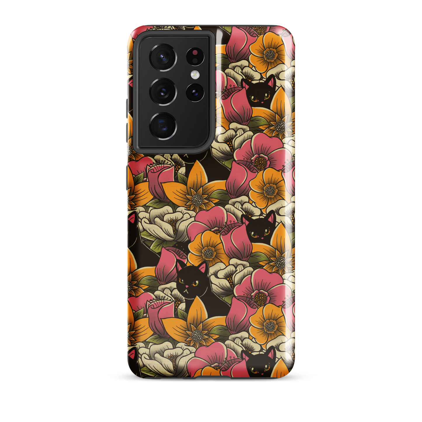 The image features a repeating pattern of colorful flowers in pink, yellow, and cream hues with lush green foliage. Interspersed among the flowers are playful black cats with bright eyes. The design has a whimsical and vibrant feel, ideal for various products like t-shirts, stickers, coffee cups, and skateboards. The style is reminiscent of traditional floral art blended with playful elements of animal decor.