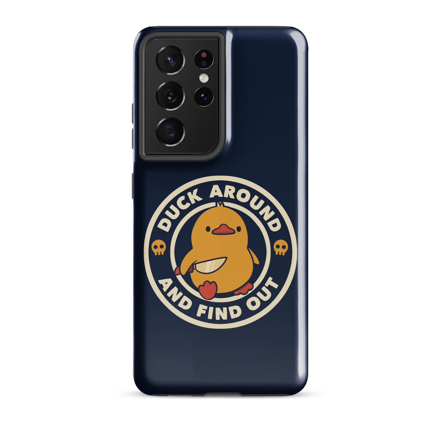 A cute yellow duck holding a small knife, around it the text "Duck Around And Find Out". An art that mixes humor with the temperament of ducks.