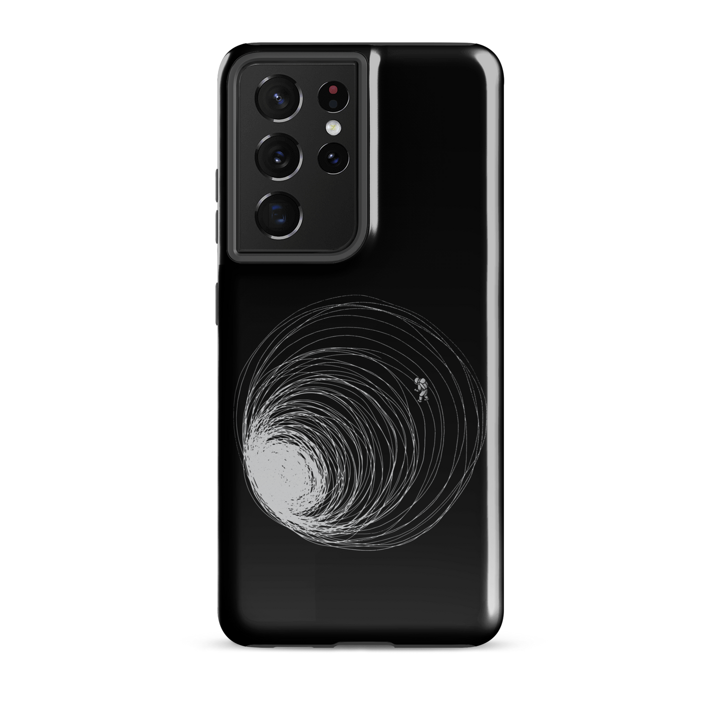 A big black hole with an astronaut floating around as if being sucked into it. A minimalist art perfect for those who love space.