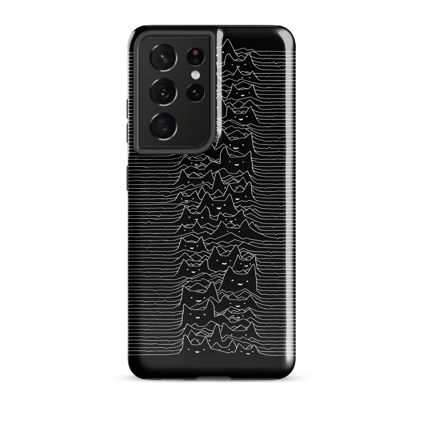 The drawing is a series of continuous wavy lines forming a pattern reminiscent of sound waves or topographic maps, but with an unexpected twist: the lines create the shapes of numerous cat faces stacked vertically. Each cat has simple, expressive features with pointed ears, adding a whimsical element to the otherwise structured pattern.