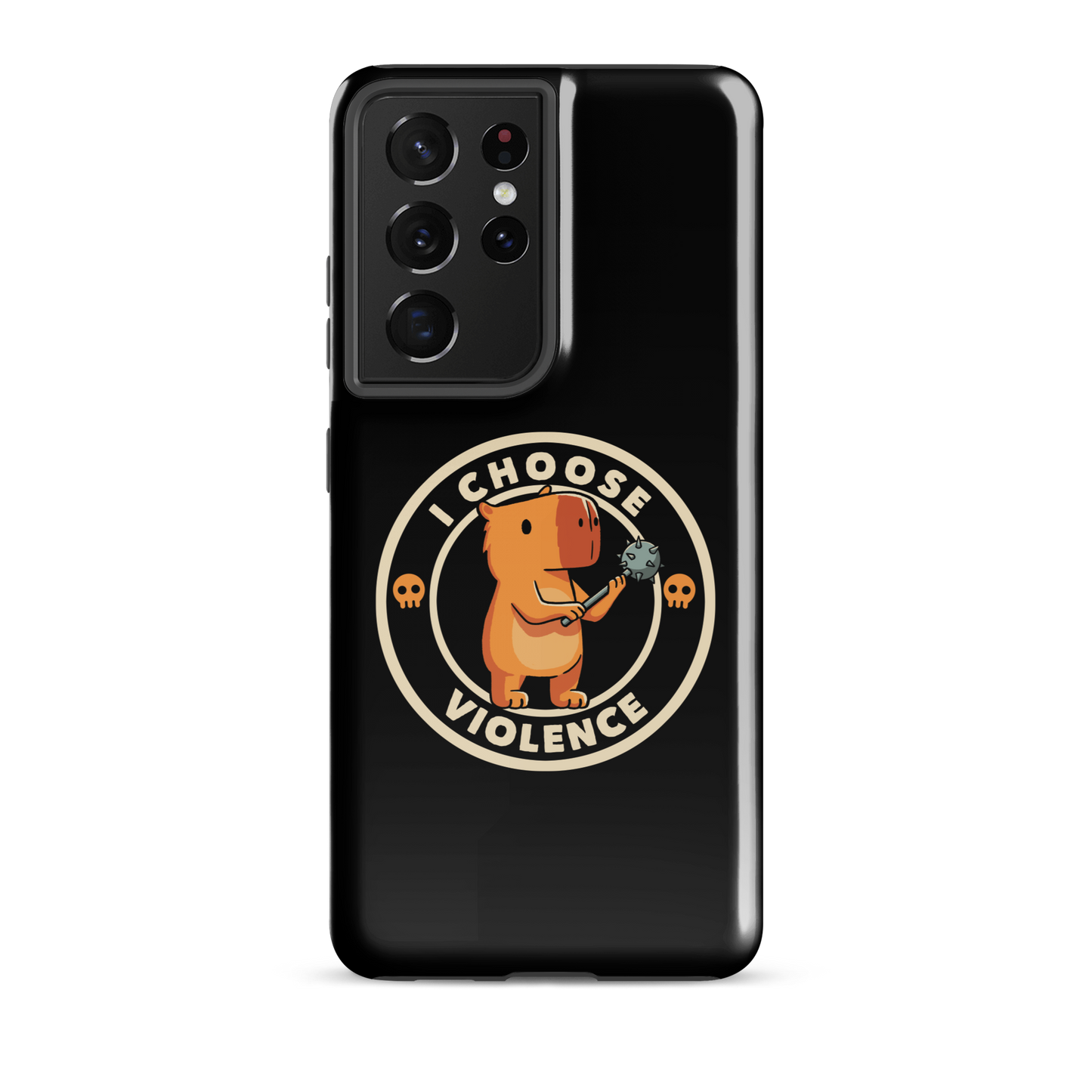 A cute, cartoonish burnt yellow capybara stands holding a spiked mace with a determined expression. Surrounding it is a circular design with the text 'I CHOOSE VIOLENCE' and two small skulls on either side, giving it a humorous yet ironic tone.