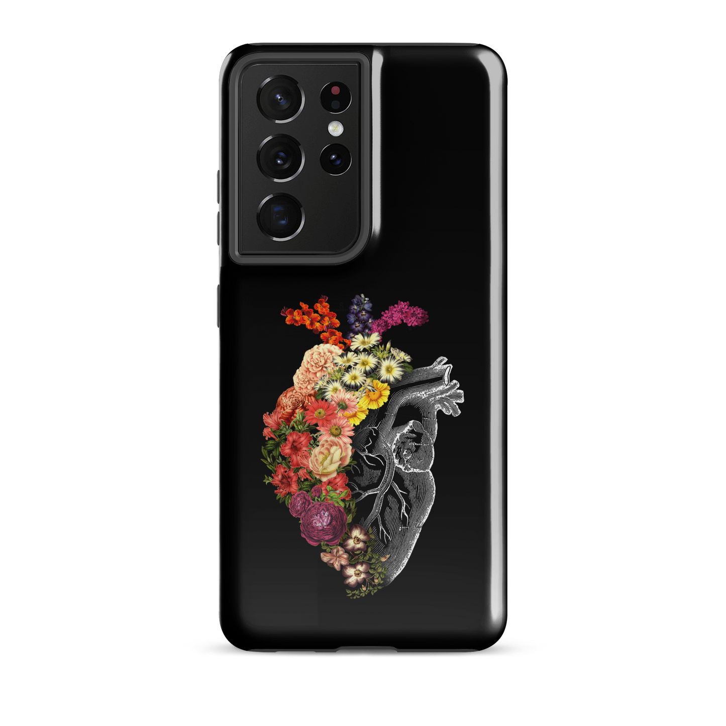 The design is an intricate and anatomical drawing of a human heart on a black background. The left side of the heart morphs into a vibrant assortment of colorful flowers, including roses, daisies, and other blooming blossoms, creating a striking contrast between the realistic and the surreal, symbolizing the harmony between nature and humanity.