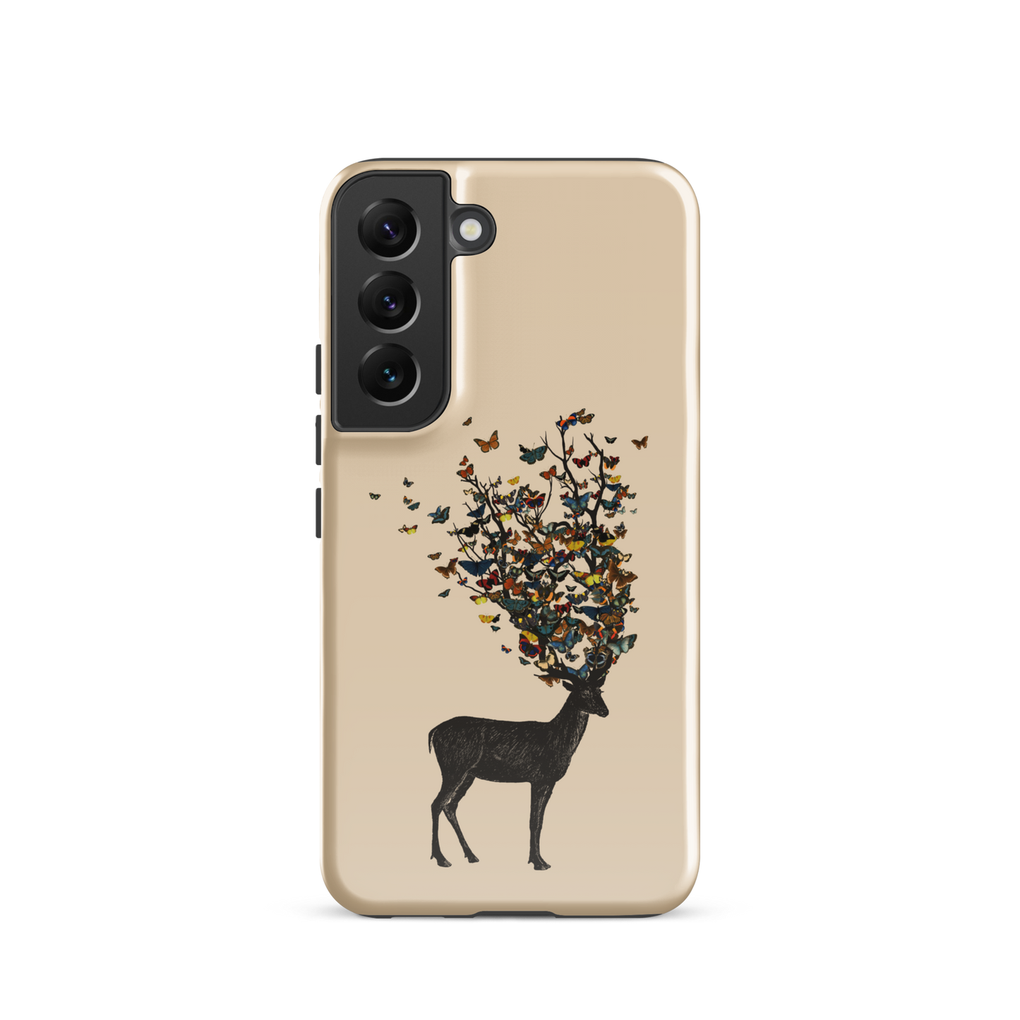 The image depicts a dark, silhouetted deer standing on a neutral background. Instead of branches, its antlers transform into a swirling cloud of vibrant, colorful butterflies that extend upwards and outward. The mix of organic and ethereal elements creates a captivating and whimsical visual contrast.