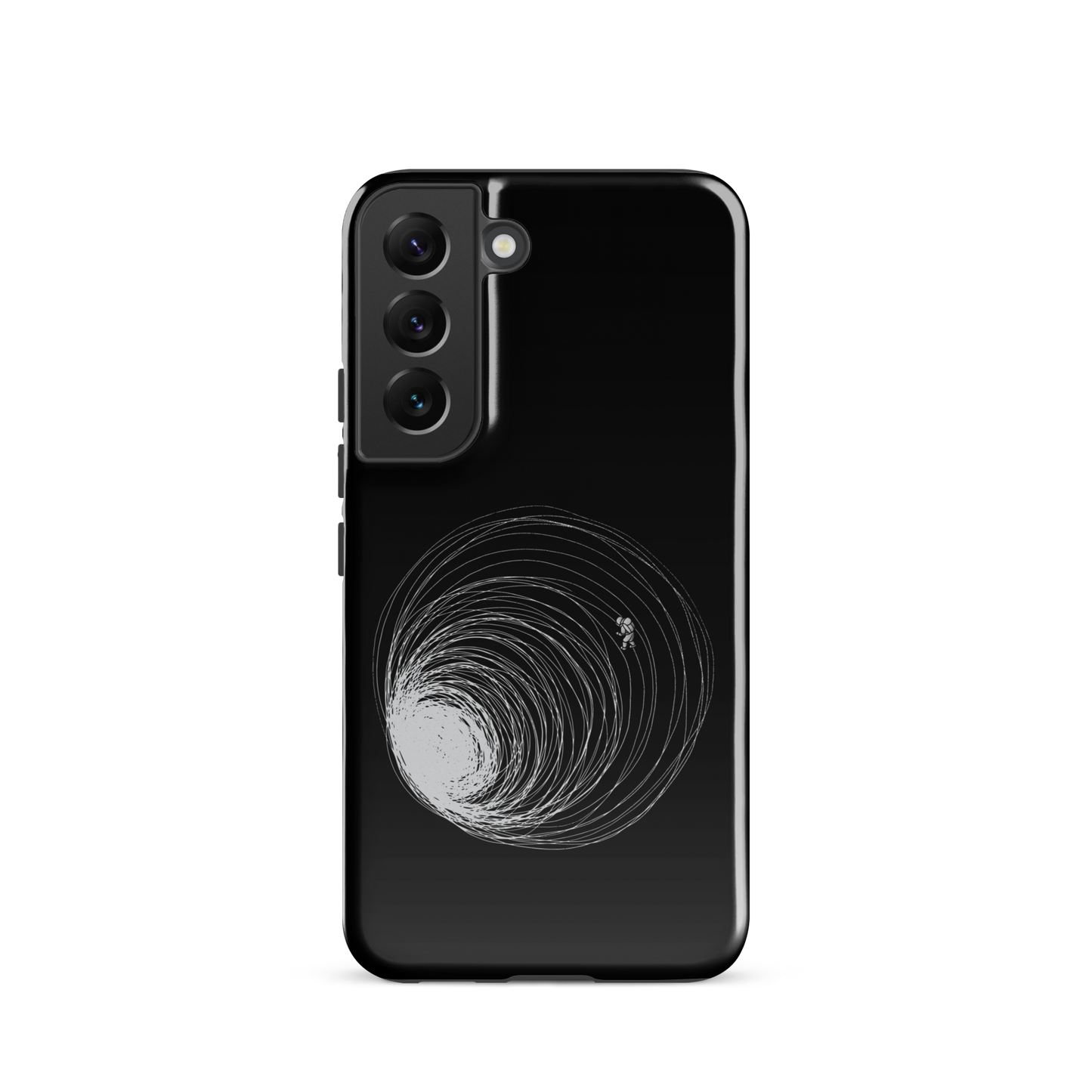 A big black hole with an astronaut floating around as if being sucked into it. A minimalist art perfect for those who love space.