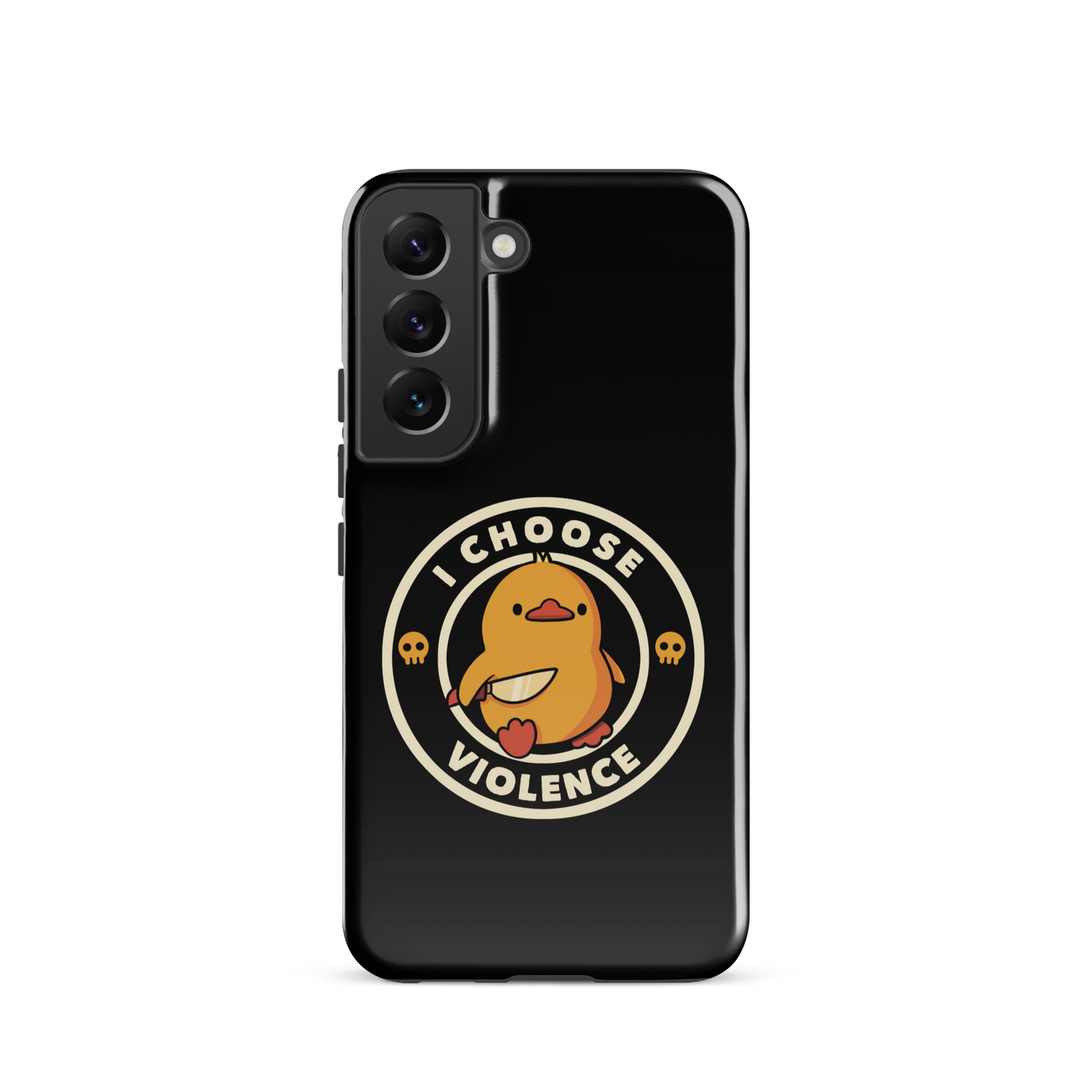 A cute, cartoon-style yellow duckling stands confidently holding a large knife in its wing. The duckling is encircled by text saying 'I CHOOSE VIOLENCE' in bold white letters. Small skull symbols flank the chick on either side, adding a touch of humor and irony to the otherwise adorable drawing.