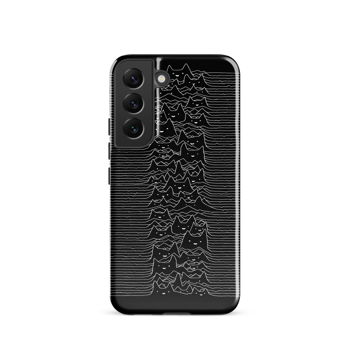 The drawing is a series of continuous wavy lines forming a pattern reminiscent of sound waves or topographic maps, but with an unexpected twist: the lines create the shapes of numerous cat faces stacked vertically. Each cat has simple, expressive features with pointed ears, adding a whimsical element to the otherwise structured pattern.