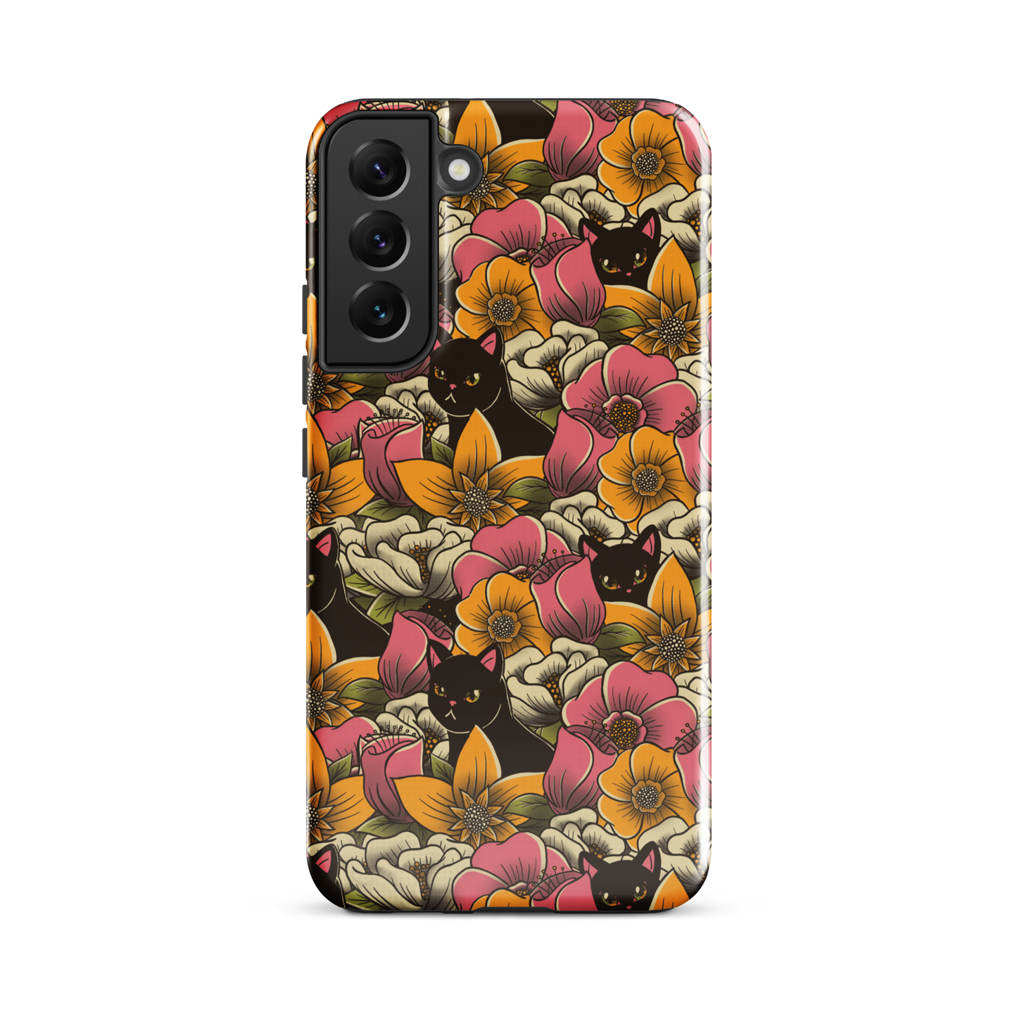 The image features a repeating pattern of colorful flowers in pink, yellow, and cream hues with lush green foliage. Interspersed among the flowers are playful black cats with bright eyes. The design has a whimsical and vibrant feel, ideal for various products like t-shirts, stickers, coffee cups, and skateboards. The style is reminiscent of traditional floral art blended with playful elements of animal decor.