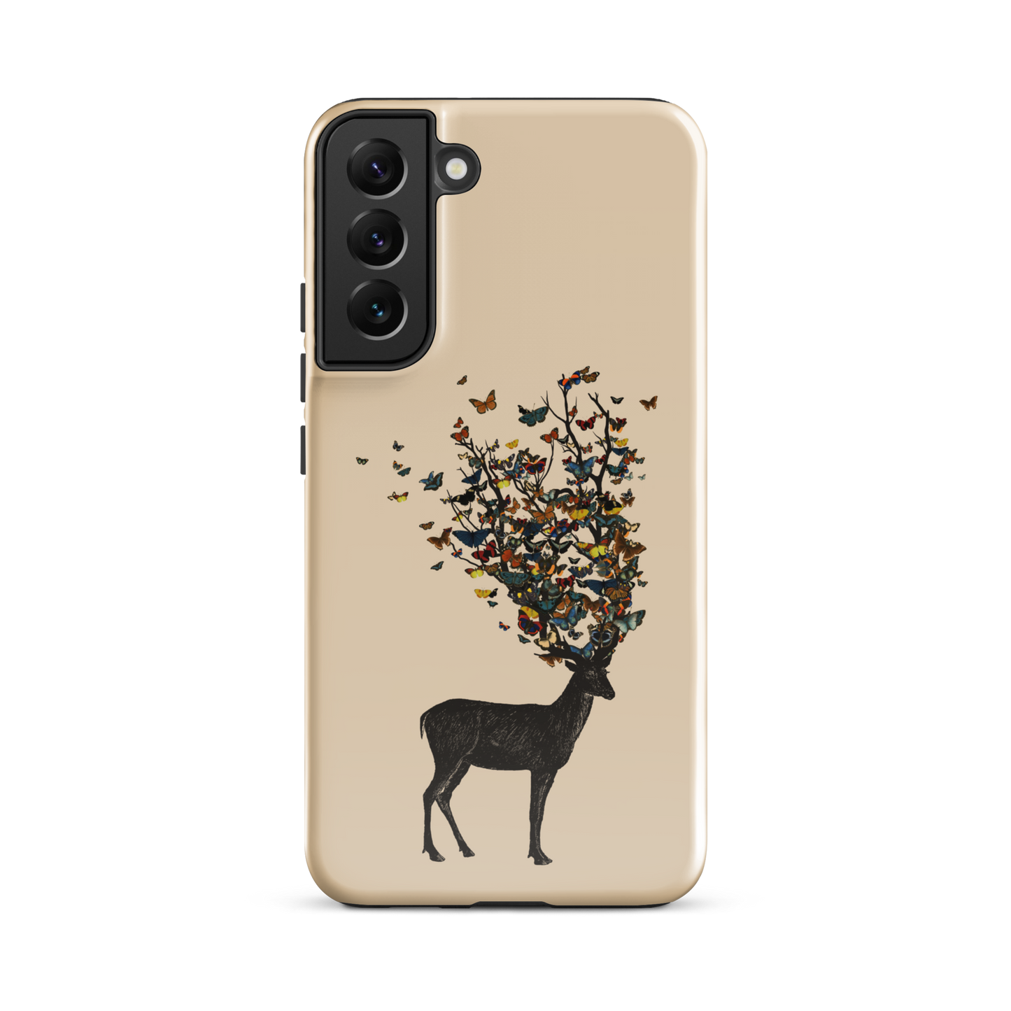The image depicts a dark, silhouetted deer standing on a neutral background. Instead of branches, its antlers transform into a swirling cloud of vibrant, colorful butterflies that extend upwards and outward. The mix of organic and ethereal elements creates a captivating and whimsical visual contrast.