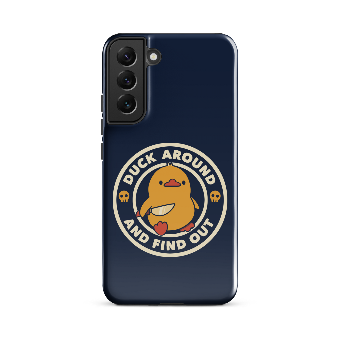 A cute yellow duck holding a small knife, around it the text "Duck Around And Find Out". An art that mixes humor with the temperament of ducks.