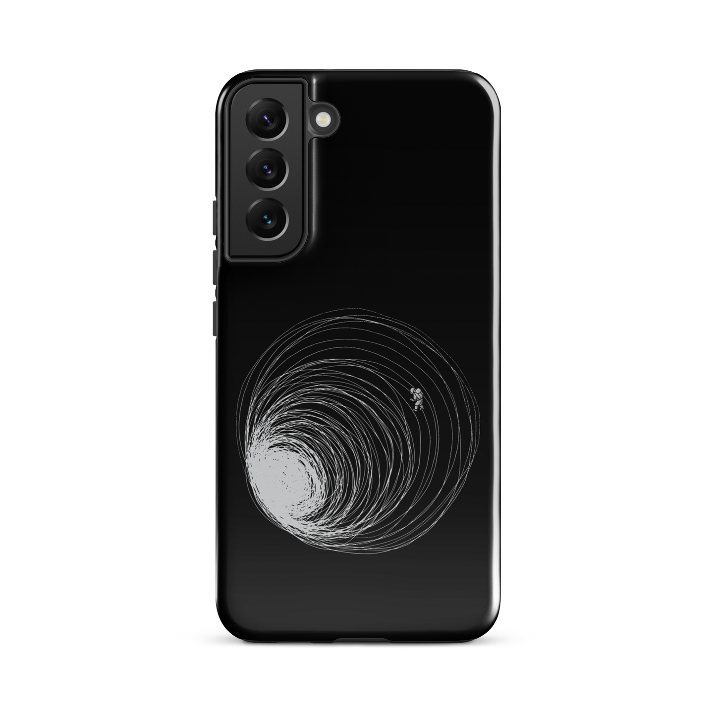 A big black hole with an astronaut floating around as if being sucked into it. A minimalist art perfect for those who love space.