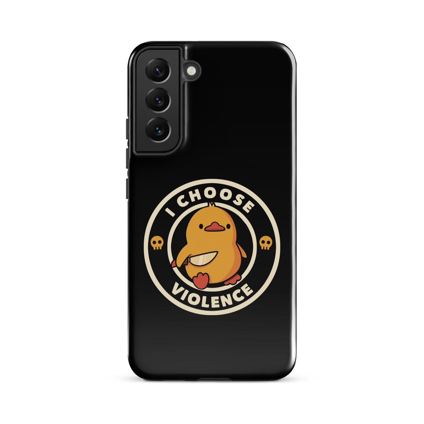 A cute, cartoon-style yellow duckling stands confidently holding a large knife in its wing. The duckling is encircled by text saying 'I CHOOSE VIOLENCE' in bold white letters. Small skull symbols flank the chick on either side, adding a touch of humor and irony to the otherwise adorable drawing.