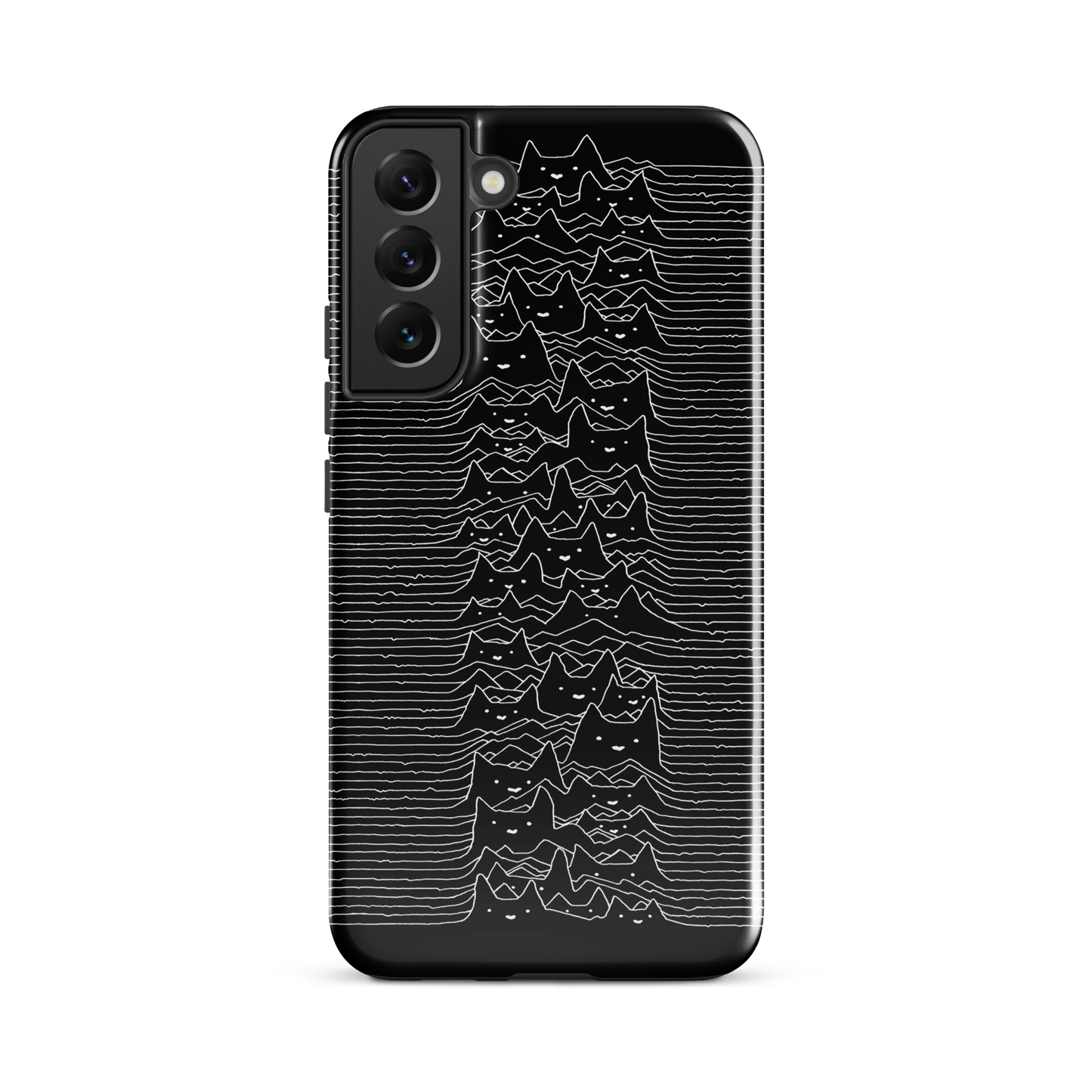 The drawing is a series of continuous wavy lines forming a pattern reminiscent of sound waves or topographic maps, but with an unexpected twist: the lines create the shapes of numerous cat faces stacked vertically. Each cat has simple, expressive features with pointed ears, adding a whimsical element to the otherwise structured pattern.