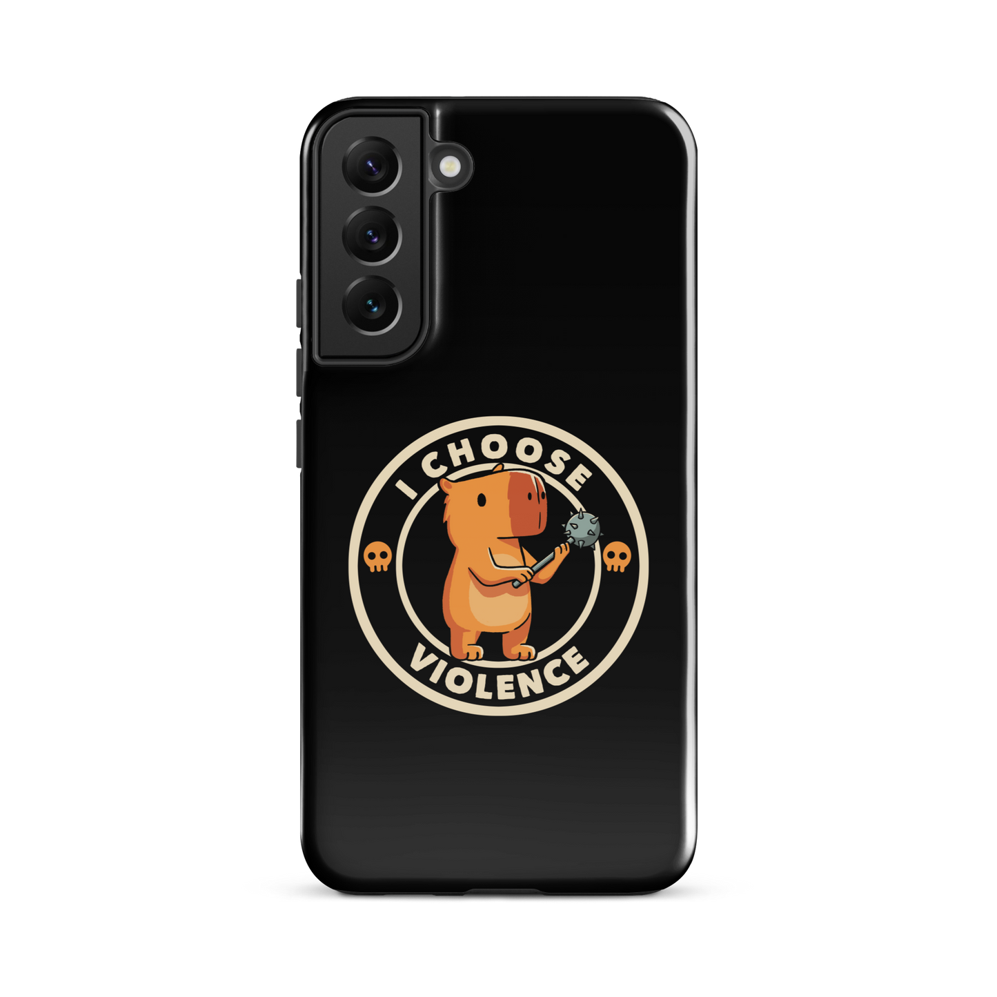 A cute, cartoonish burnt yellow capybara stands holding a spiked mace with a determined expression. Surrounding it is a circular design with the text 'I CHOOSE VIOLENCE' and two small skulls on either side, giving it a humorous yet ironic tone.