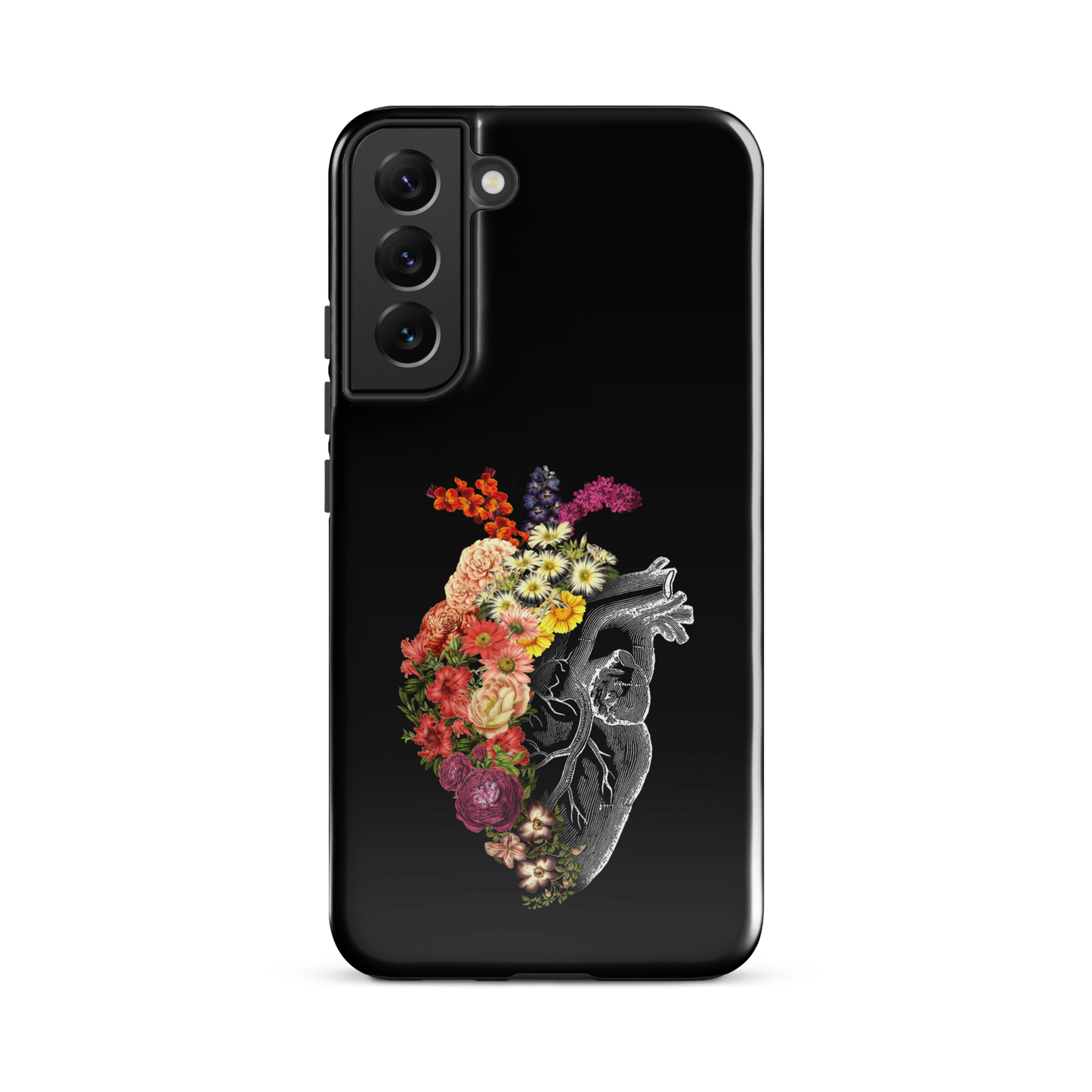 The design is an intricate and anatomical drawing of a human heart on a black background. The left side of the heart morphs into a vibrant assortment of colorful flowers, including roses, daisies, and other blooming blossoms, creating a striking contrast between the realistic and the surreal, symbolizing the harmony between nature and humanity.