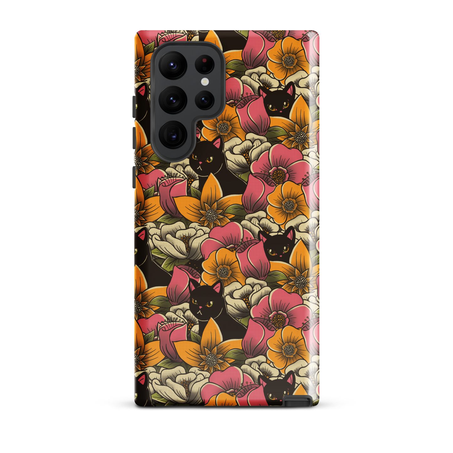 The image features a repeating pattern of colorful flowers in pink, yellow, and cream hues with lush green foliage. Interspersed among the flowers are playful black cats with bright eyes. The design has a whimsical and vibrant feel, ideal for various products like t-shirts, stickers, coffee cups, and skateboards. The style is reminiscent of traditional floral art blended with playful elements of animal decor.