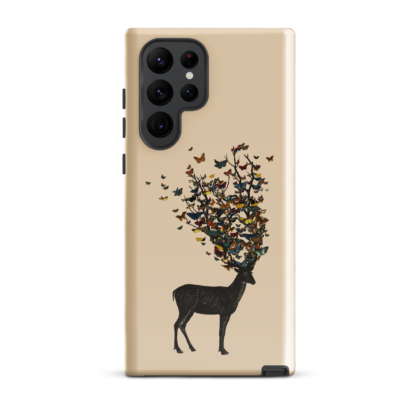 The image depicts a dark, silhouetted deer standing on a neutral background. Instead of branches, its antlers transform into a swirling cloud of vibrant, colorful butterflies that extend upwards and outward. The mix of organic and ethereal elements creates a captivating and whimsical visual contrast.