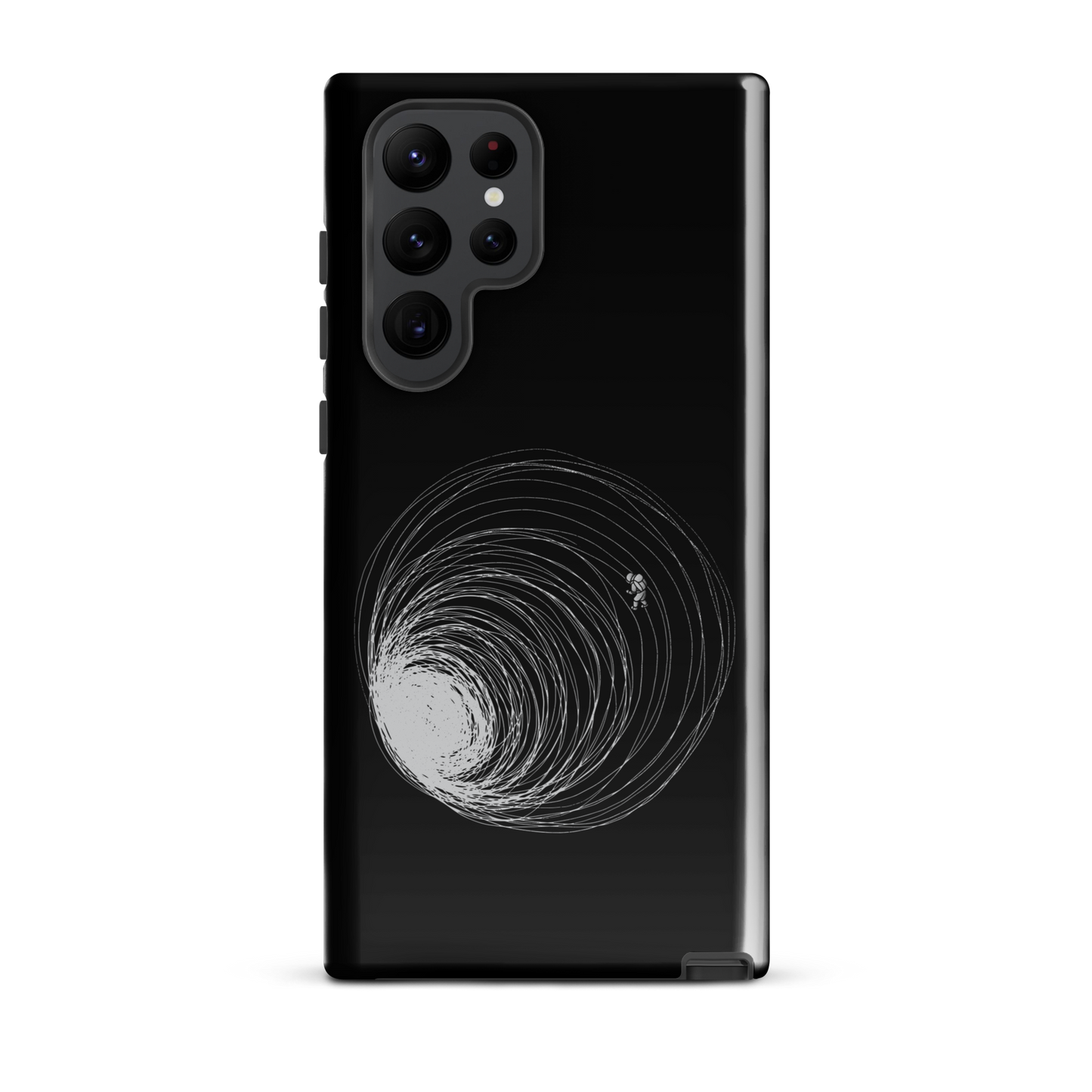 A big black hole with an astronaut floating around as if being sucked into it. A minimalist art perfect for those who love space.