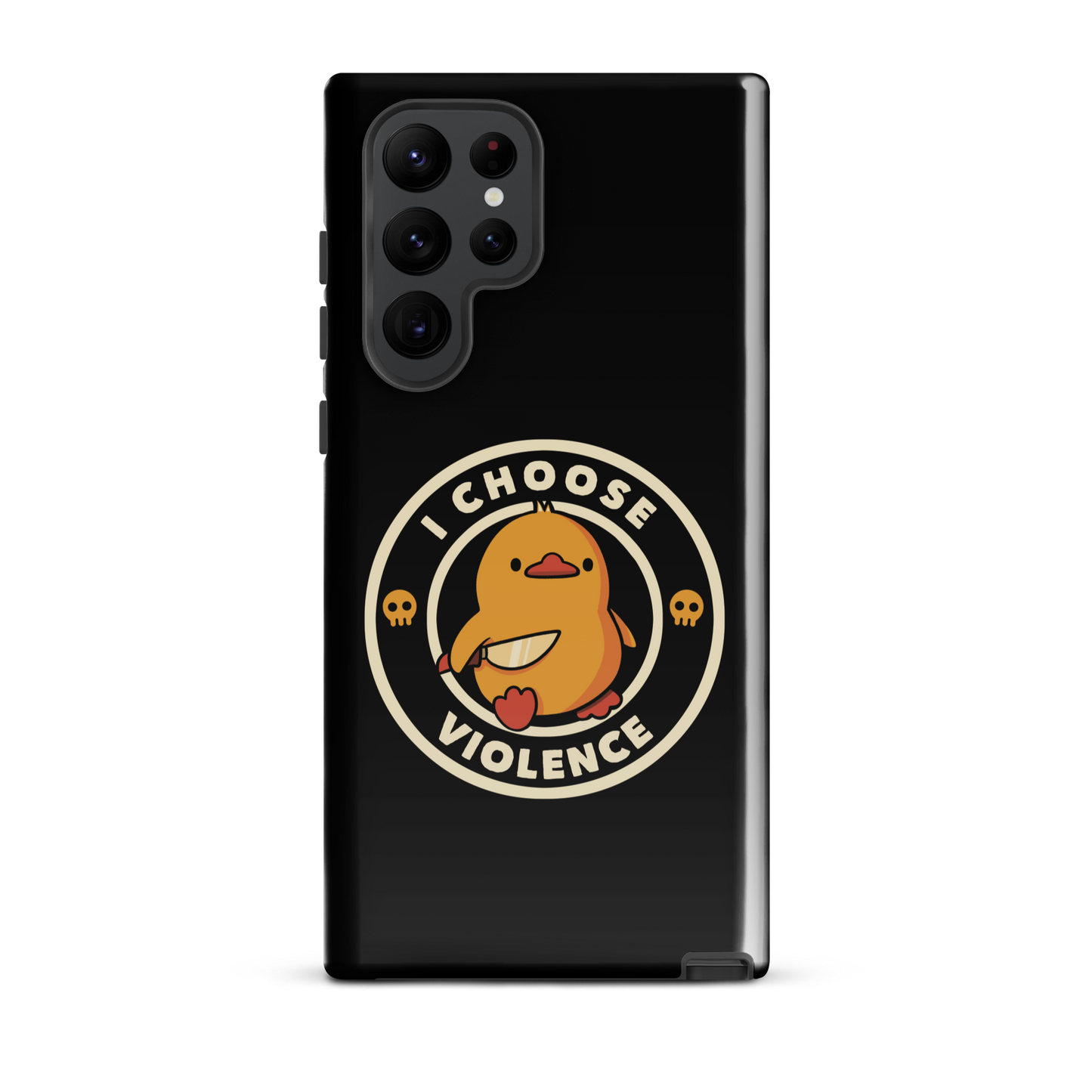 A cute, cartoon-style yellow duckling stands confidently holding a large knife in its wing. The duckling is encircled by text saying 'I CHOOSE VIOLENCE' in bold white letters. Small skull symbols flank the chick on either side, adding a touch of humor and irony to the otherwise adorable drawing.