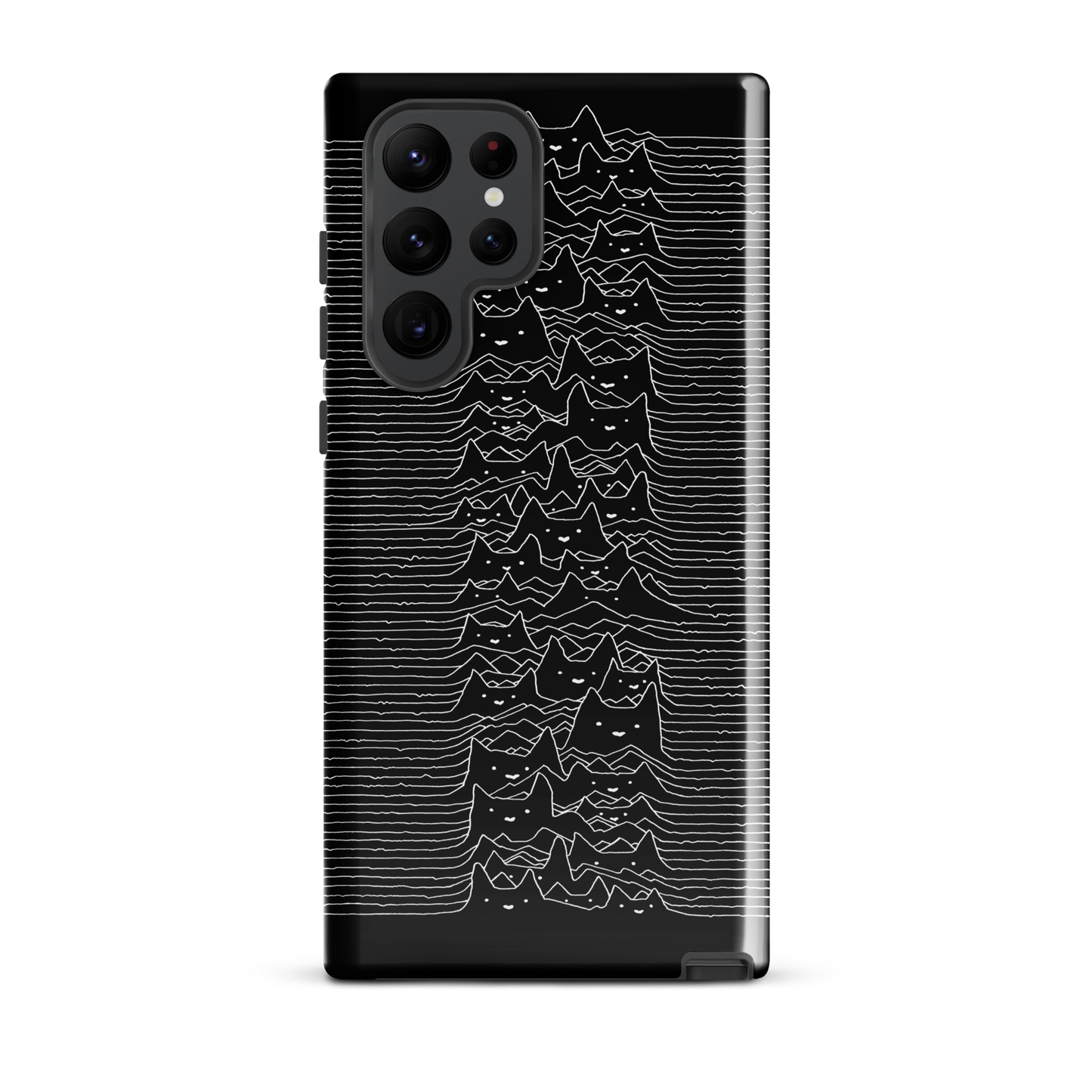 The drawing is a series of continuous wavy lines forming a pattern reminiscent of sound waves or topographic maps, but with an unexpected twist: the lines create the shapes of numerous cat faces stacked vertically. Each cat has simple, expressive features with pointed ears, adding a whimsical element to the otherwise structured pattern.