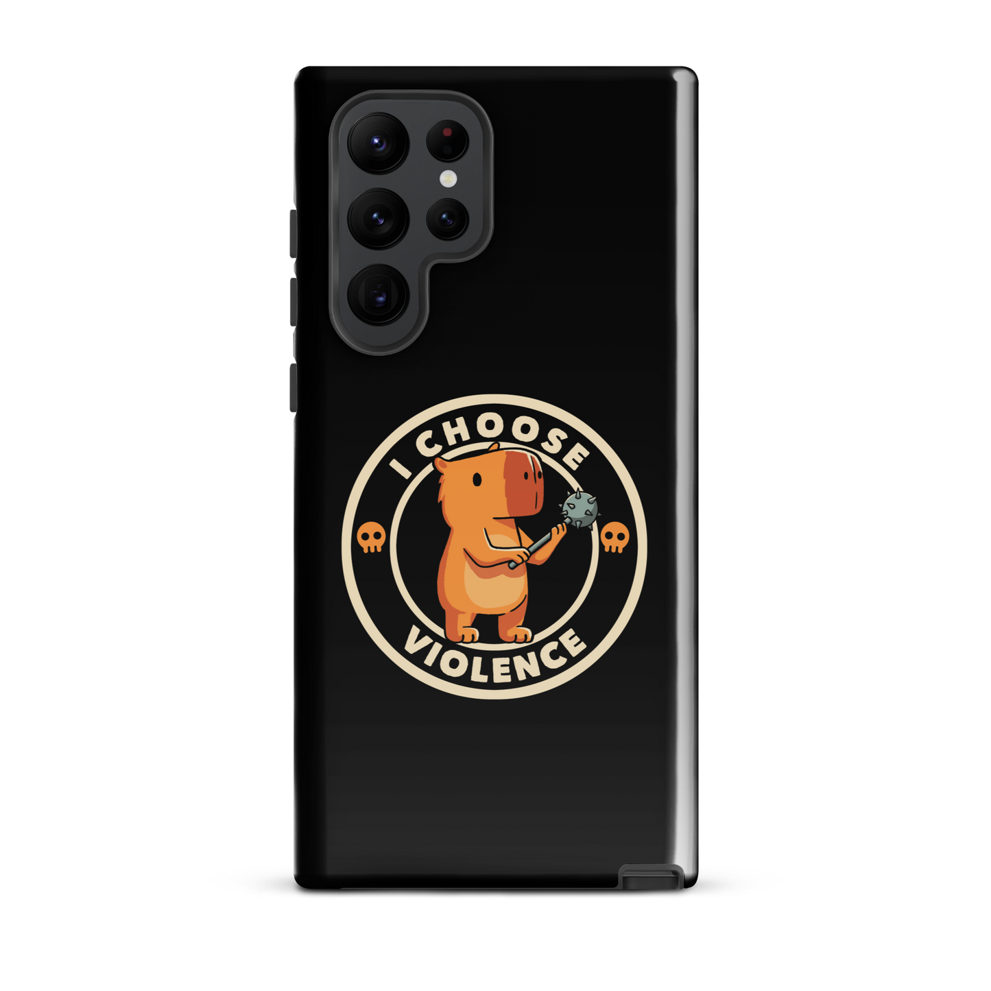 A cute, cartoonish burnt yellow capybara stands holding a spiked mace with a determined expression. Surrounding it is a circular design with the text 'I CHOOSE VIOLENCE' and two small skulls on either side, giving it a humorous yet ironic tone.