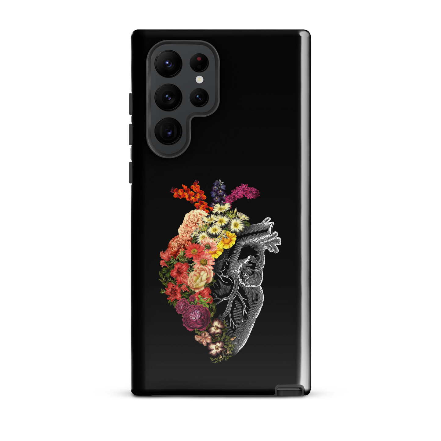 The design is an intricate and anatomical drawing of a human heart on a black background. The left side of the heart morphs into a vibrant assortment of colorful flowers, including roses, daisies, and other blooming blossoms, creating a striking contrast between the realistic and the surreal, symbolizing the harmony between nature and humanity.