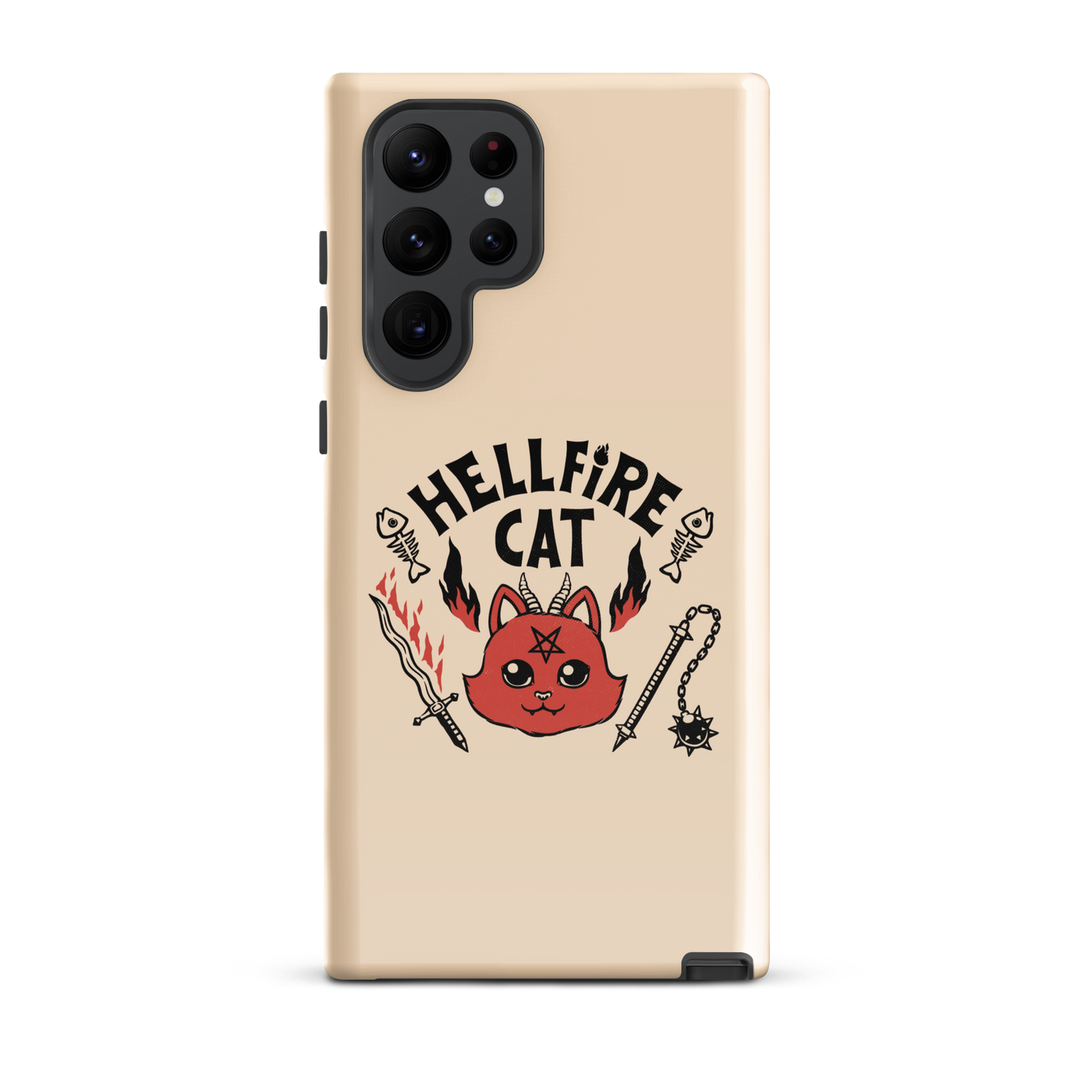 Vintage-style illustration of a cute red devil cat with small horns and a pentagram on its forehead, surrounded by flames, weapons, fish skeletons, and the bold phrase “Hellfire Cat” in a playful gothic design.