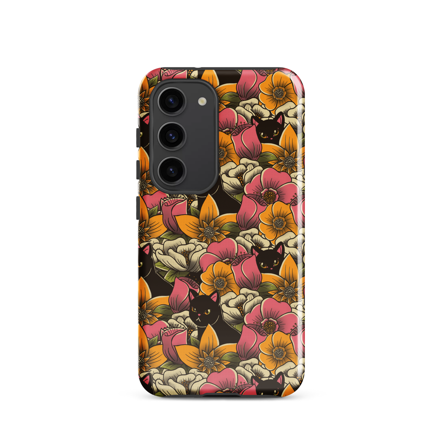 The image features a repeating pattern of colorful flowers in pink, yellow, and cream hues with lush green foliage. Interspersed among the flowers are playful black cats with bright eyes. The design has a whimsical and vibrant feel, ideal for various products like t-shirts, stickers, coffee cups, and skateboards. The style is reminiscent of traditional floral art blended with playful elements of animal decor.
