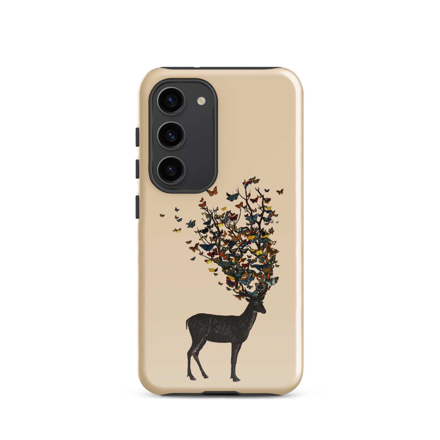 The image depicts a dark, silhouetted deer standing on a neutral background. Instead of branches, its antlers transform into a swirling cloud of vibrant, colorful butterflies that extend upwards and outward. The mix of organic and ethereal elements creates a captivating and whimsical visual contrast.
