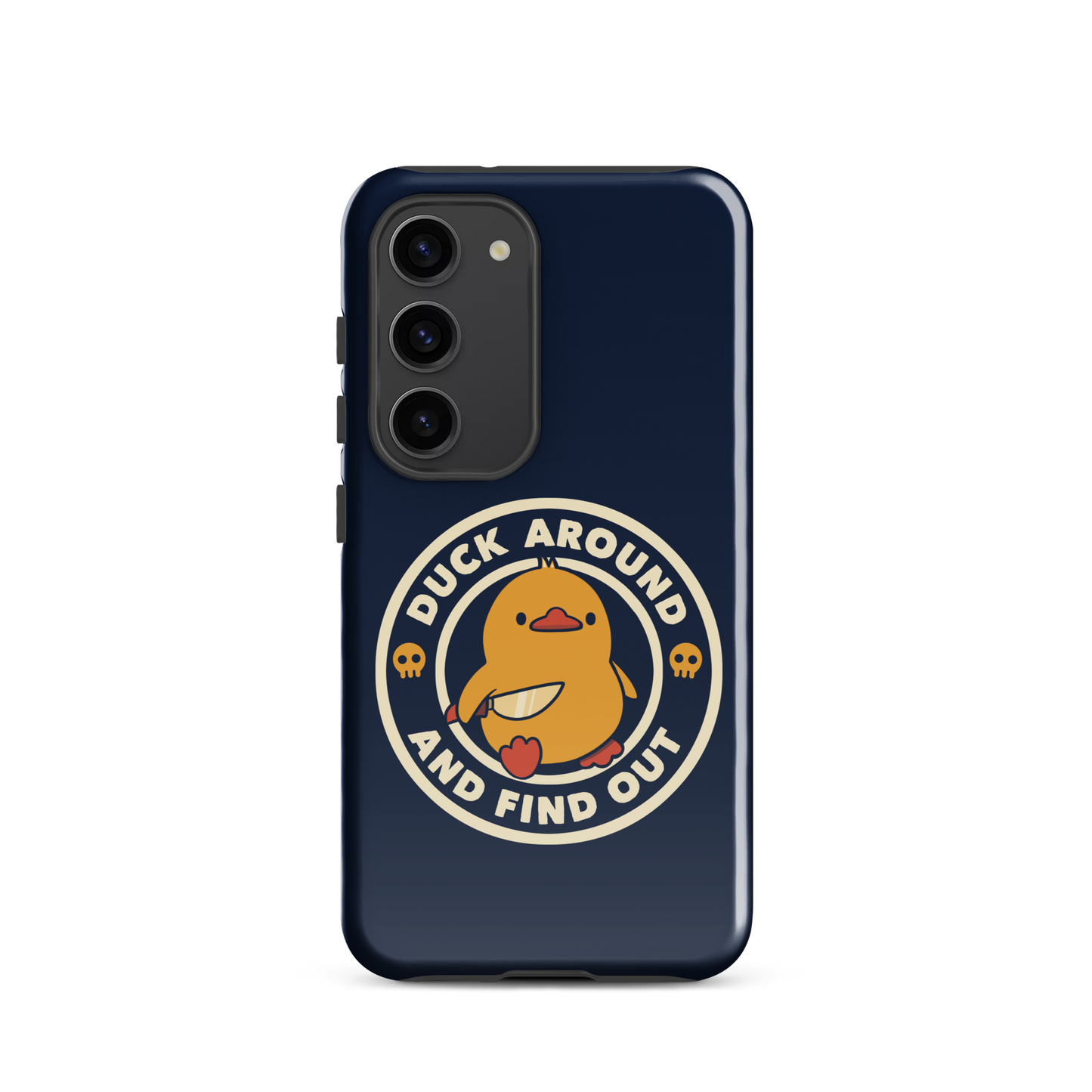 A cute yellow duck holding a small knife, around it the text "Duck Around And Find Out". An art that mixes humor with the temperament of ducks.