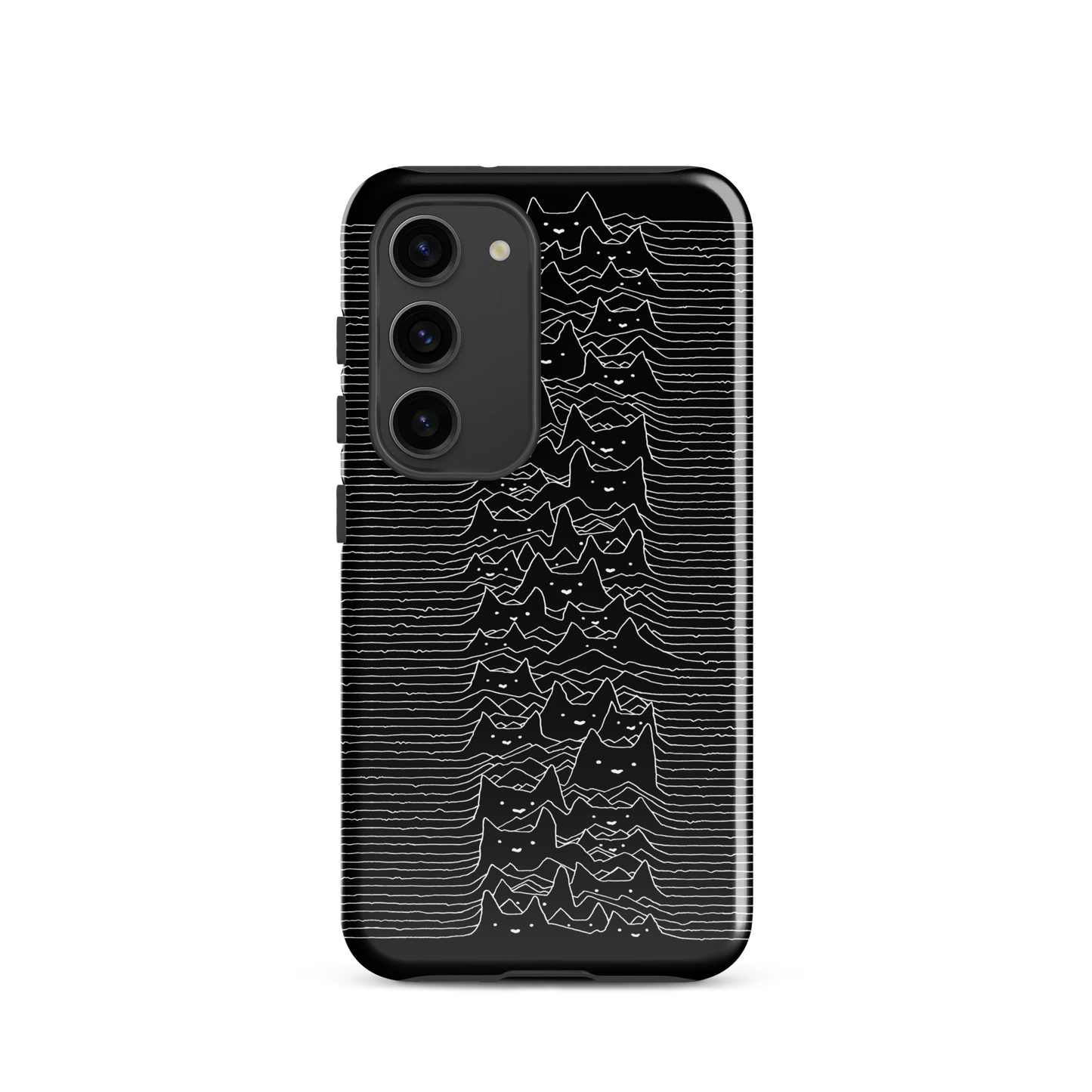 The drawing is a series of continuous wavy lines forming a pattern reminiscent of sound waves or topographic maps, but with an unexpected twist: the lines create the shapes of numerous cat faces stacked vertically. Each cat has simple, expressive features with pointed ears, adding a whimsical element to the otherwise structured pattern.