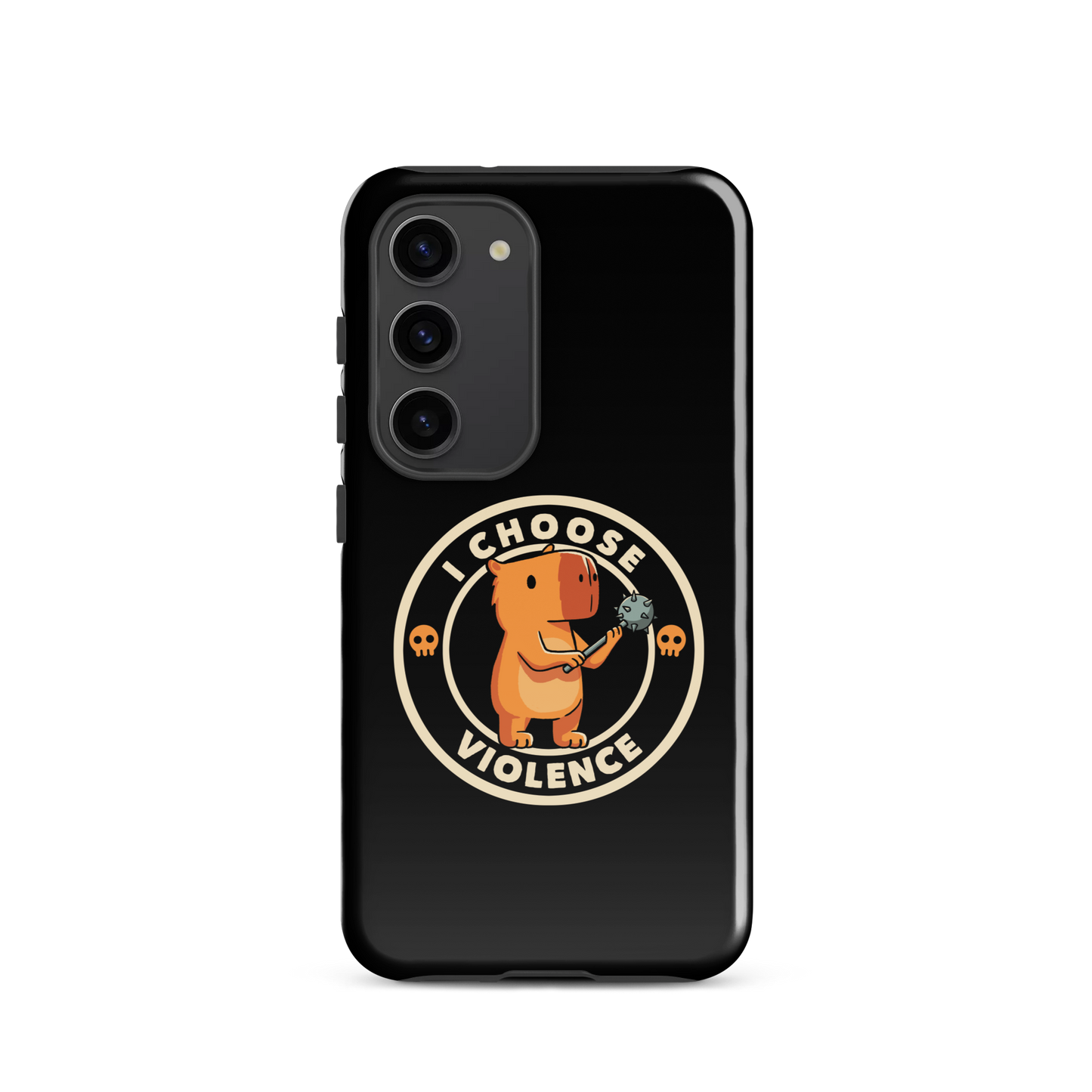 A cute, cartoonish burnt yellow capybara stands holding a spiked mace with a determined expression. Surrounding it is a circular design with the text 'I CHOOSE VIOLENCE' and two small skulls on either side, giving it a humorous yet ironic tone.