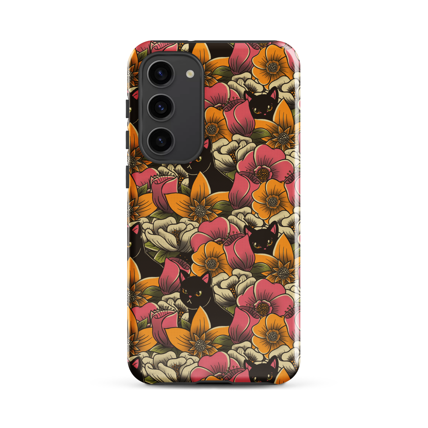 The image features a repeating pattern of colorful flowers in pink, yellow, and cream hues with lush green foliage. Interspersed among the flowers are playful black cats with bright eyes. The design has a whimsical and vibrant feel, ideal for various products like t-shirts, stickers, coffee cups, and skateboards. The style is reminiscent of traditional floral art blended with playful elements of animal decor.