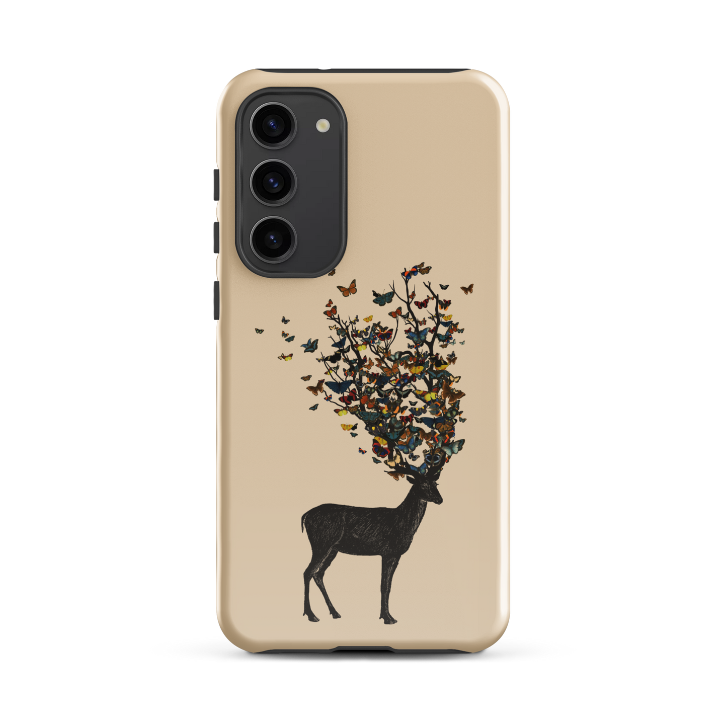 The image depicts a dark, silhouetted deer standing on a neutral background. Instead of branches, its antlers transform into a swirling cloud of vibrant, colorful butterflies that extend upwards and outward. The mix of organic and ethereal elements creates a captivating and whimsical visual contrast.
