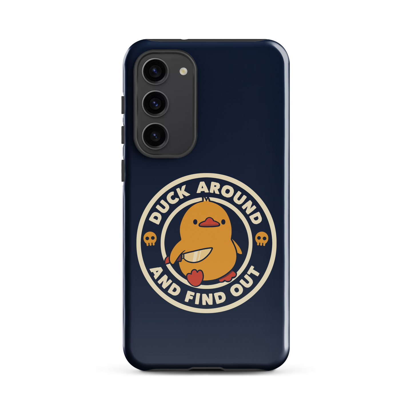 A cute yellow duck holding a small knife, around it the text "Duck Around And Find Out". An art that mixes humor with the temperament of ducks.