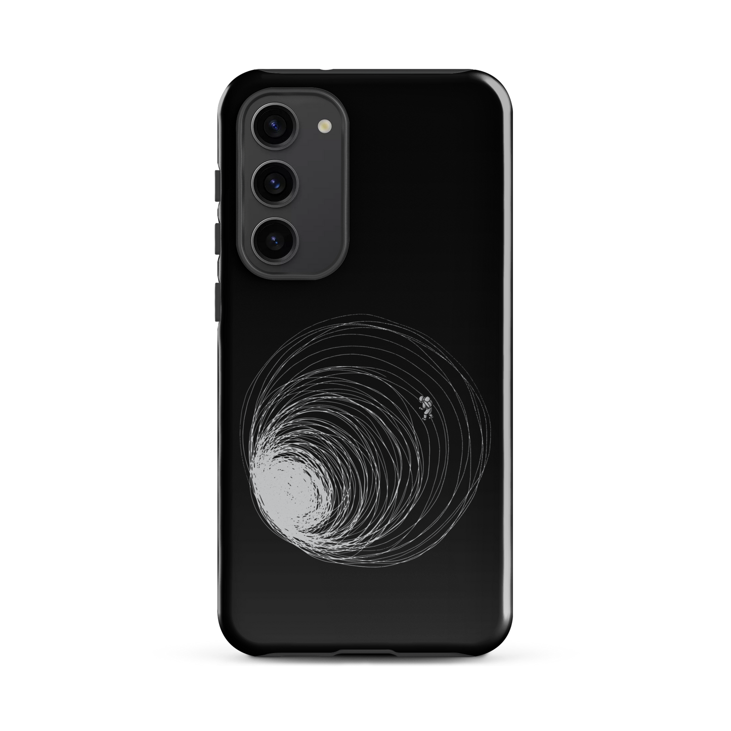 A big black hole with an astronaut floating around as if being sucked into it. A minimalist art perfect for those who love space.