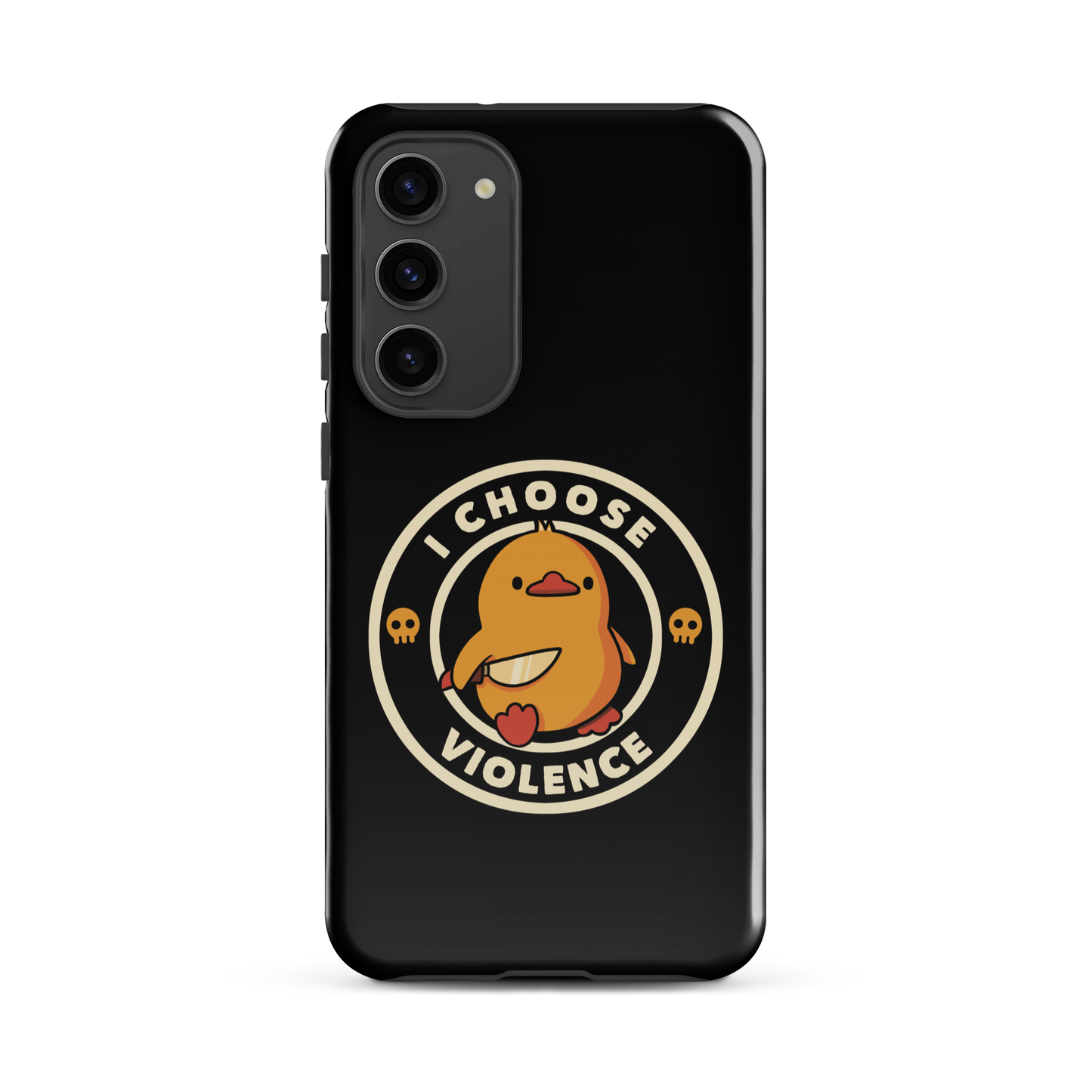 A cute, cartoon-style yellow duckling stands confidently holding a large knife in its wing. The duckling is encircled by text saying 'I CHOOSE VIOLENCE' in bold white letters. Small skull symbols flank the chick on either side, adding a touch of humor and irony to the otherwise adorable drawing.