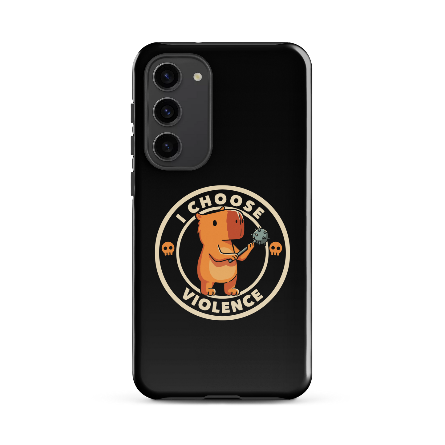 A cute, cartoonish burnt yellow capybara stands holding a spiked mace with a determined expression. Surrounding it is a circular design with the text 'I CHOOSE VIOLENCE' and two small skulls on either side, giving it a humorous yet ironic tone.