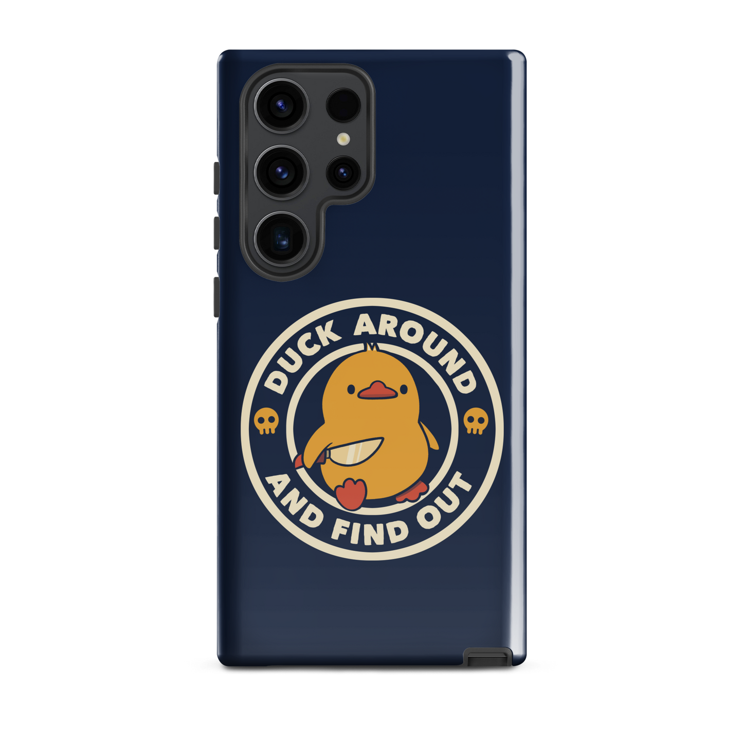 A cute yellow duck holding a small knife, around it the text "Duck Around And Find Out". An art that mixes humor with the temperament of ducks.