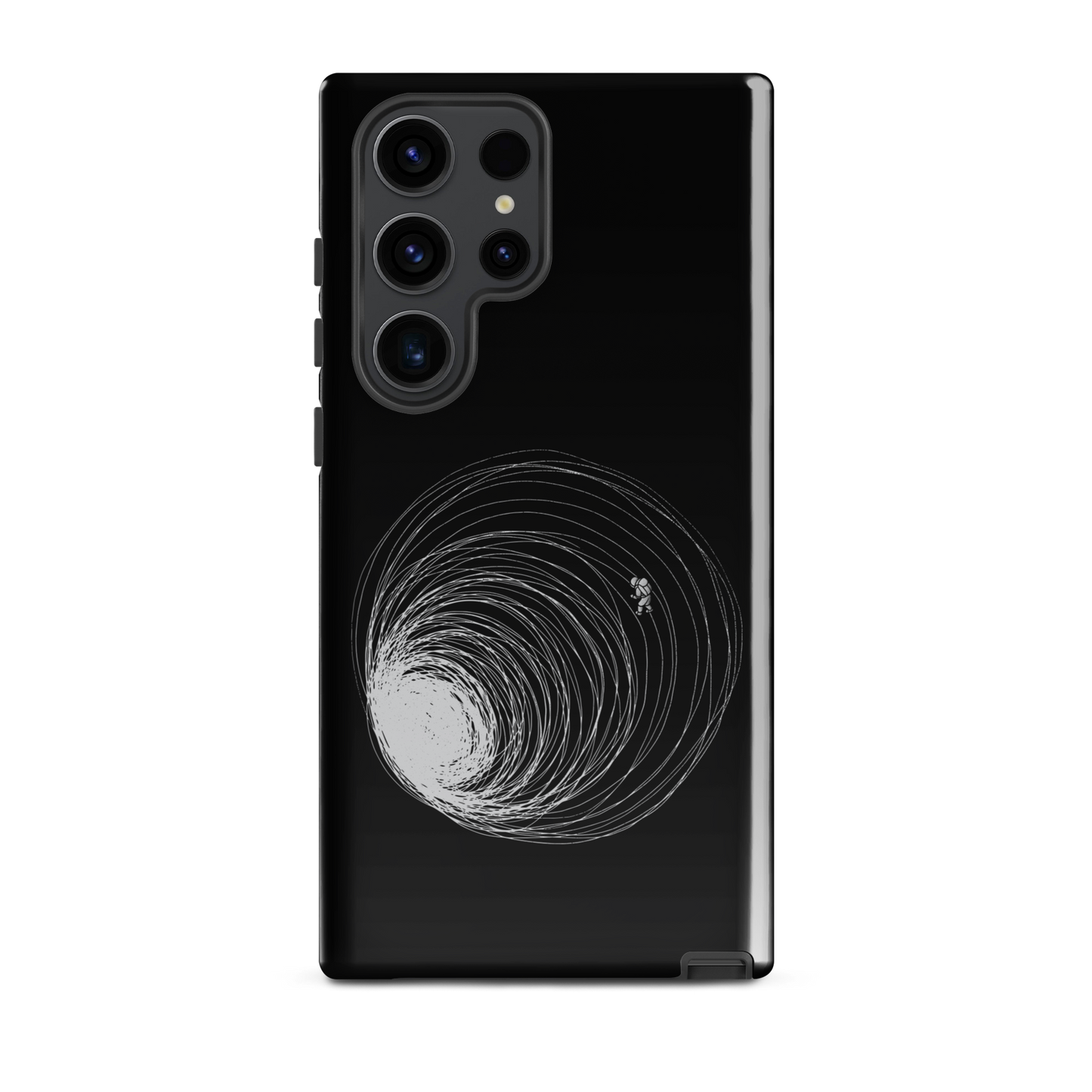 A big black hole with an astronaut floating around as if being sucked into it. A minimalist art perfect for those who love space.