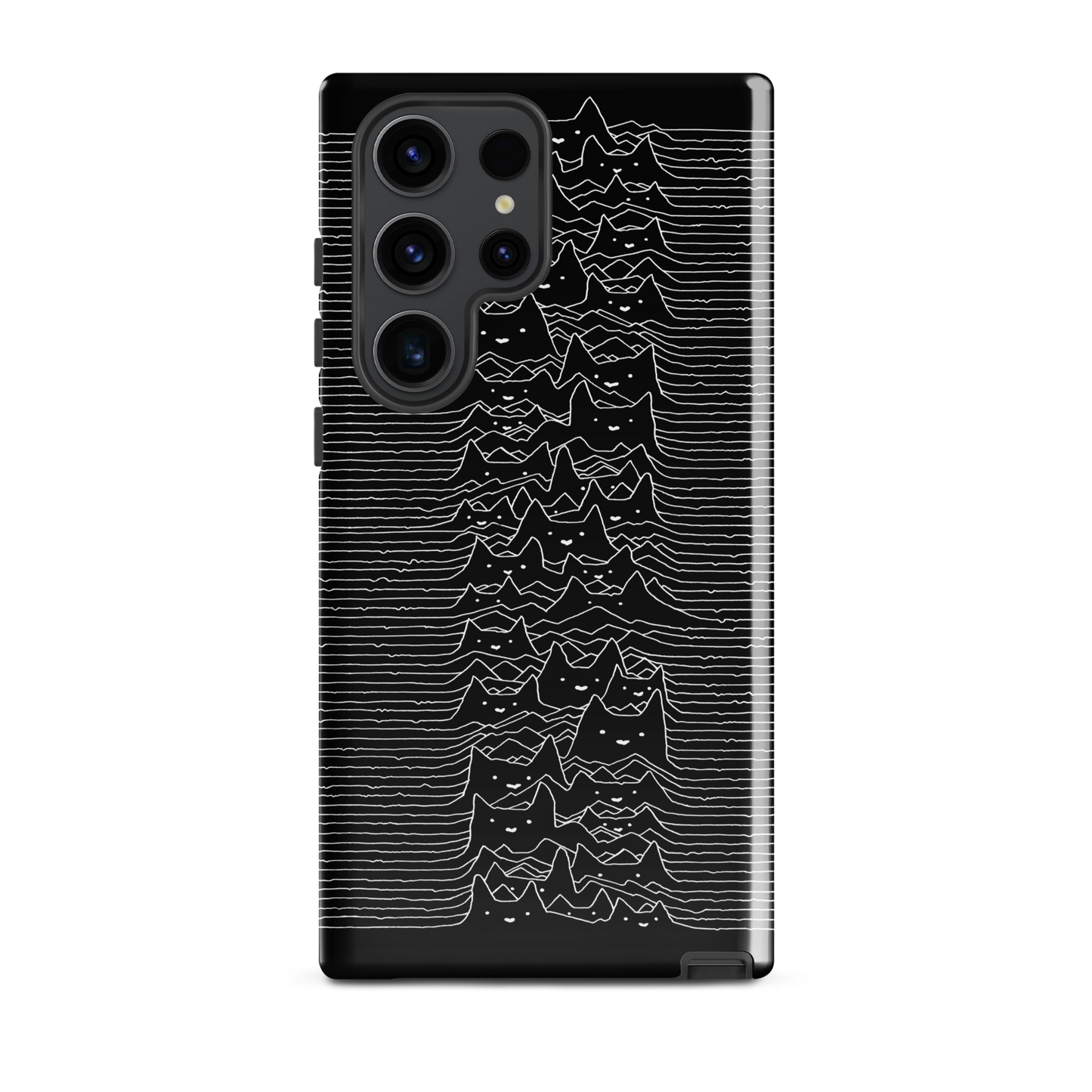 The drawing is a series of continuous wavy lines forming a pattern reminiscent of sound waves or topographic maps, but with an unexpected twist: the lines create the shapes of numerous cat faces stacked vertically. Each cat has simple, expressive features with pointed ears, adding a whimsical element to the otherwise structured pattern.