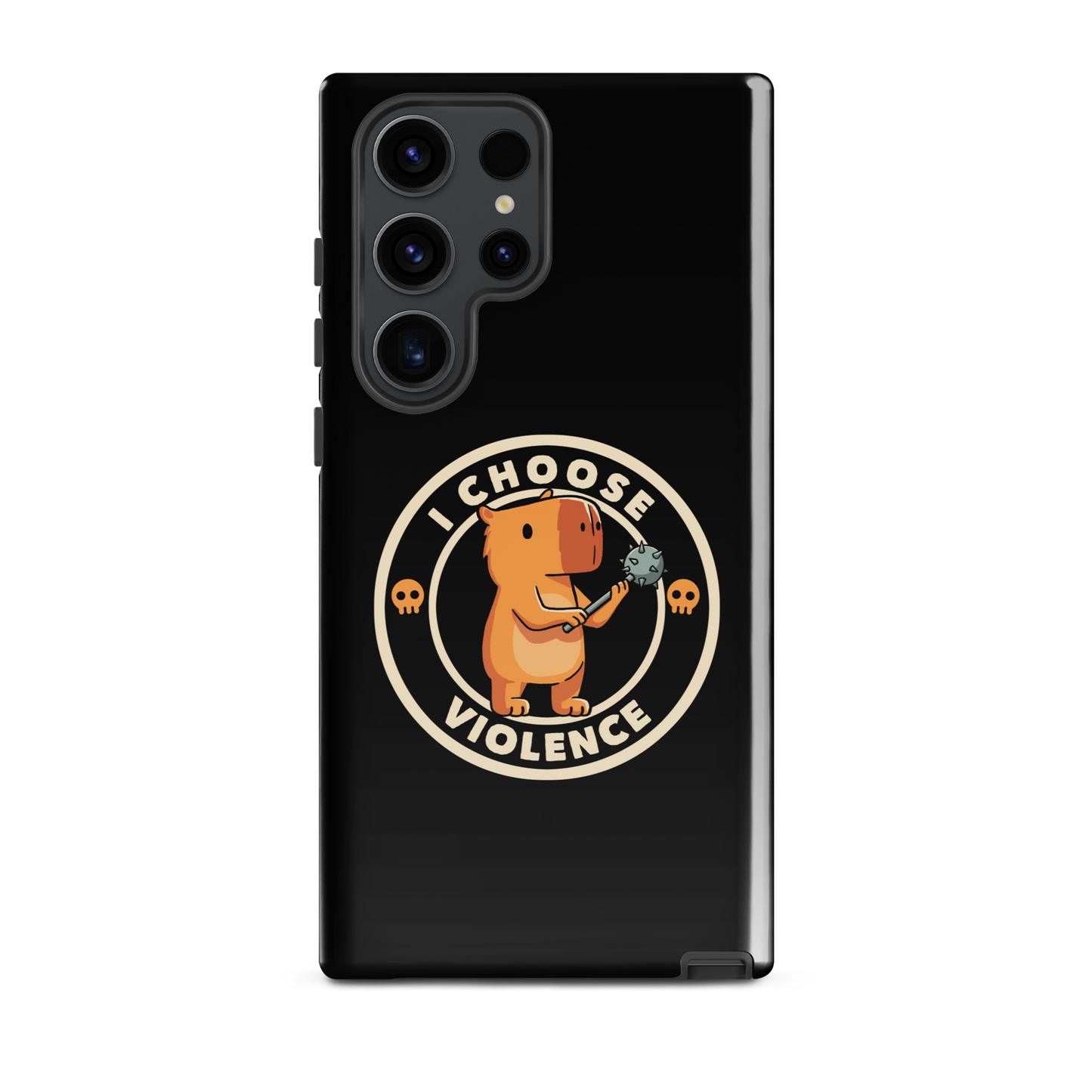 A cute, cartoonish burnt yellow capybara stands holding a spiked mace with a determined expression. Surrounding it is a circular design with the text 'I CHOOSE VIOLENCE' and two small skulls on either side, giving it a humorous yet ironic tone.